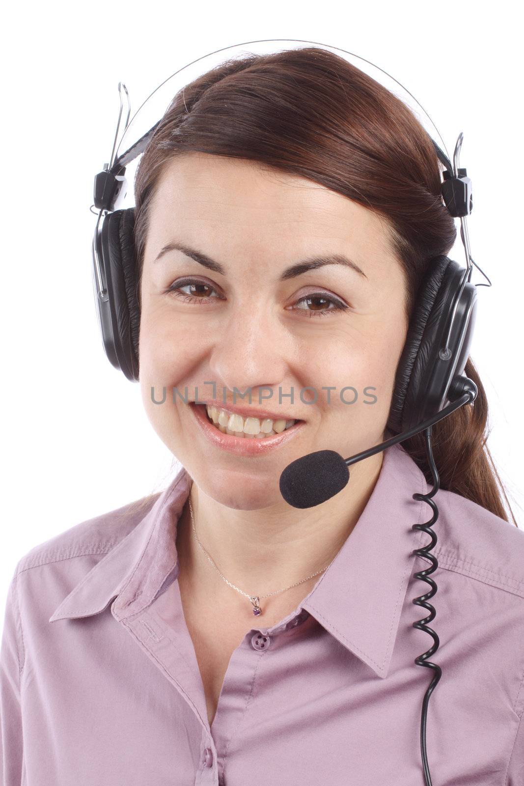 Smiling call center operator over white