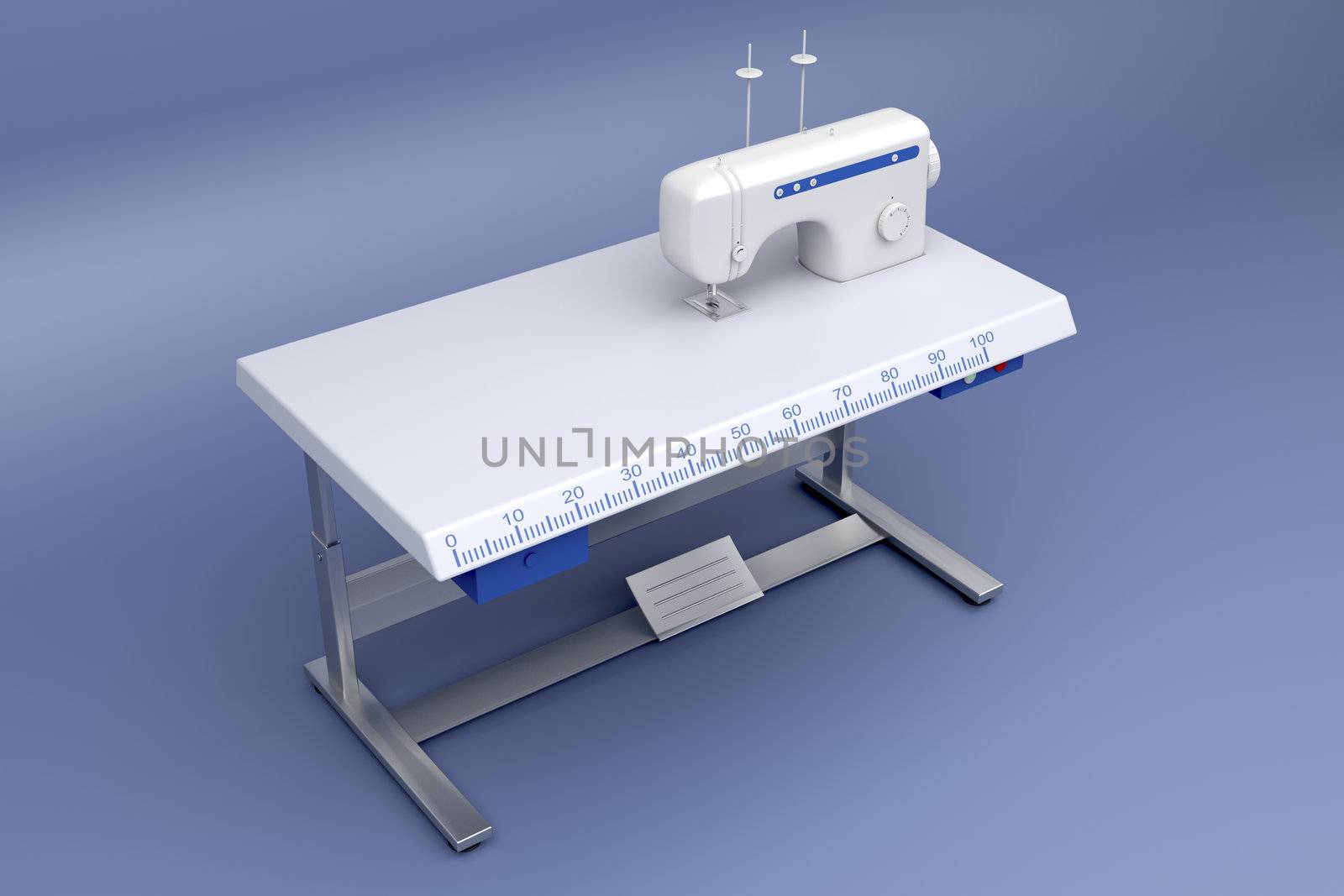 3d illustration of industrial sewing machine on blue background