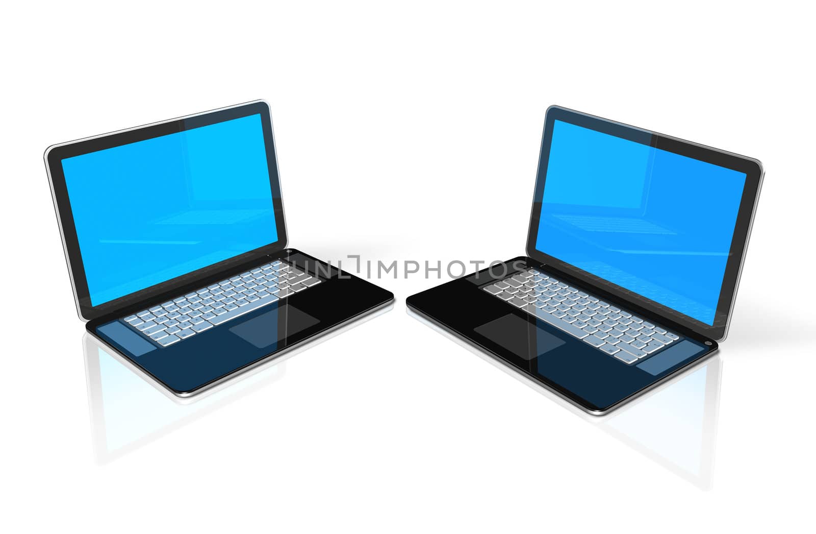 two 3D black laptop computers isolated on white