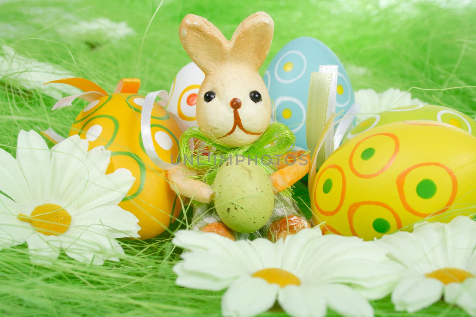 bunny and Painted Easter Eggs on green Grass