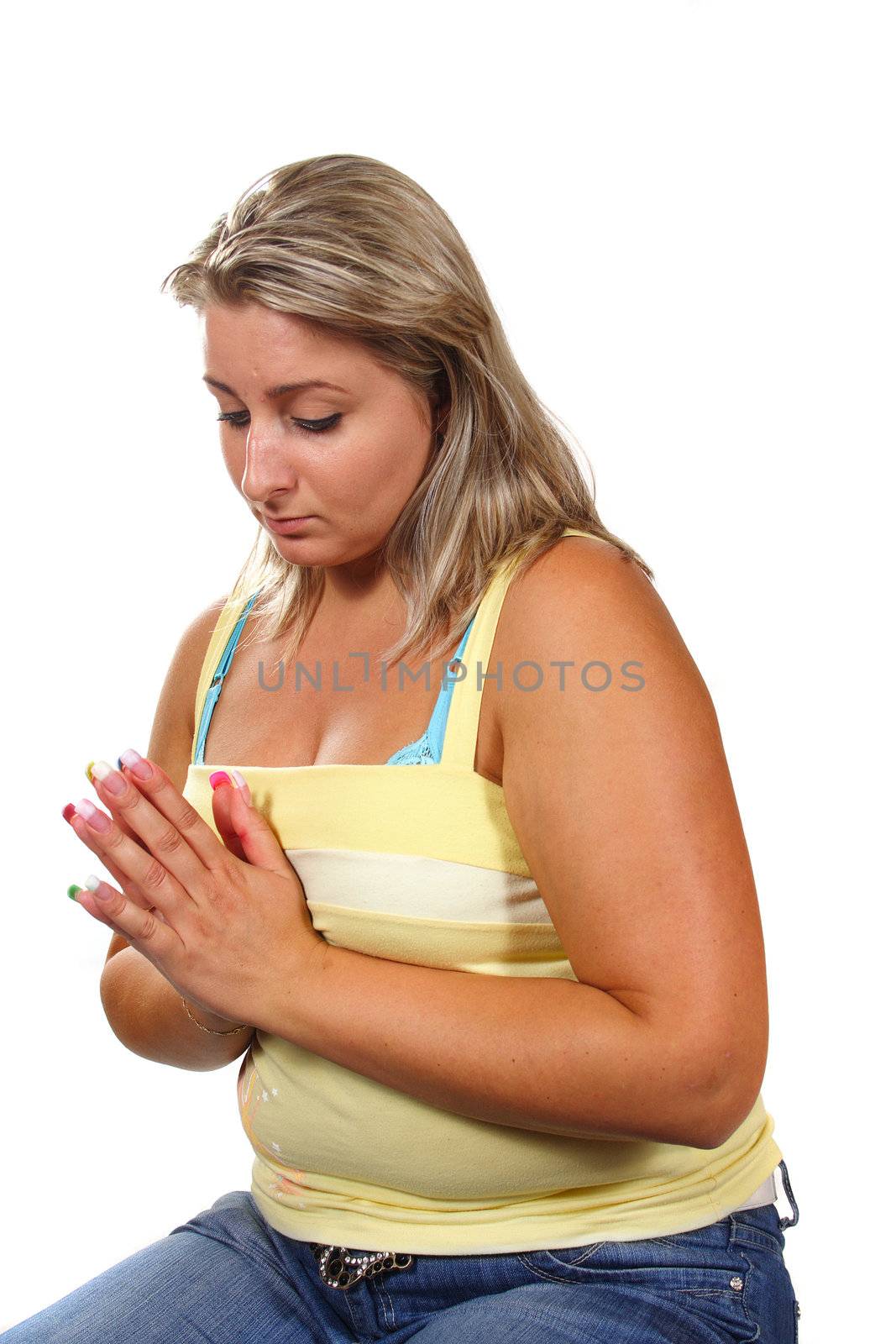 young woman prays photo on the white background