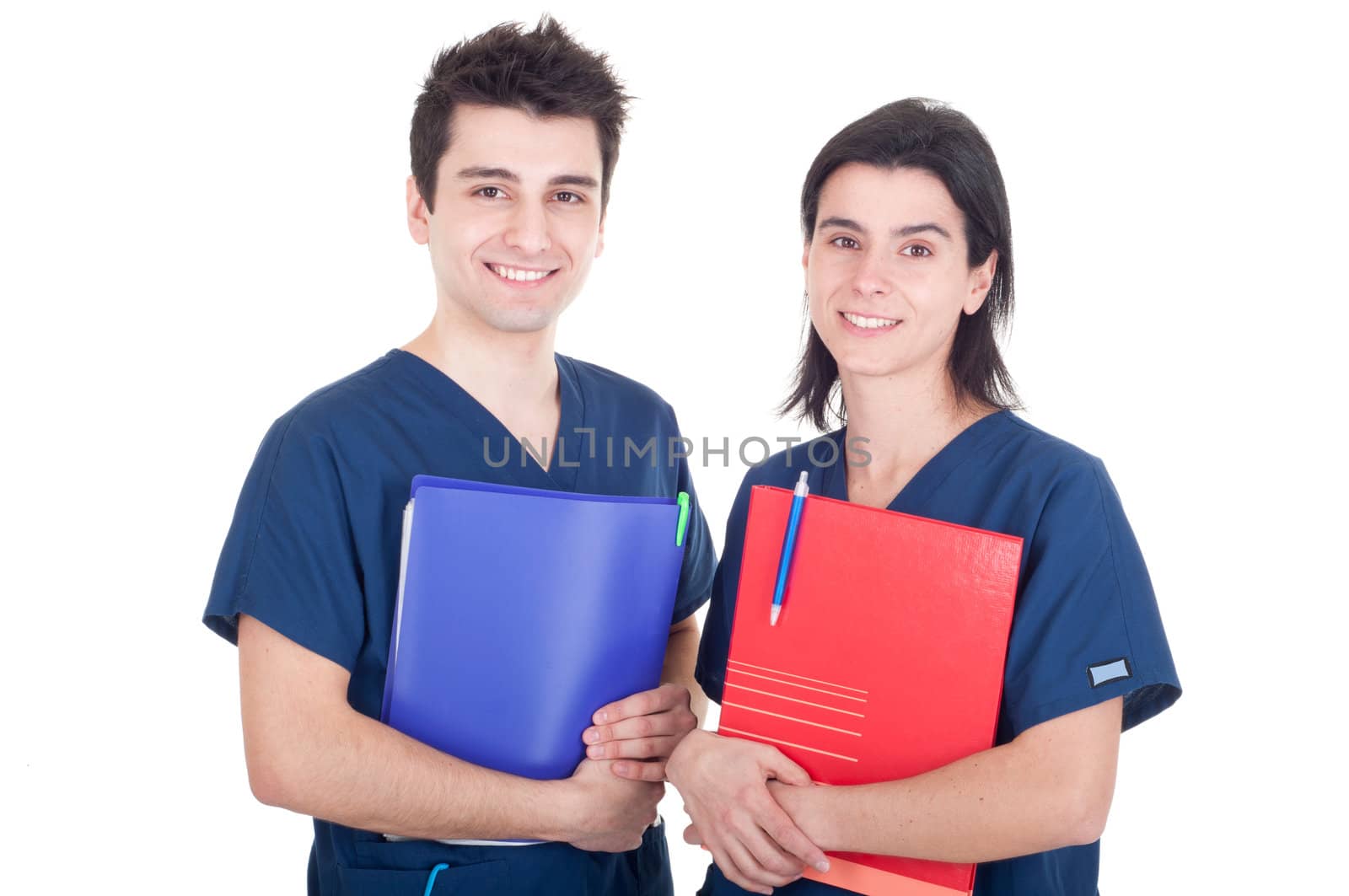 friendly team of doctors holding folders isolated on white background