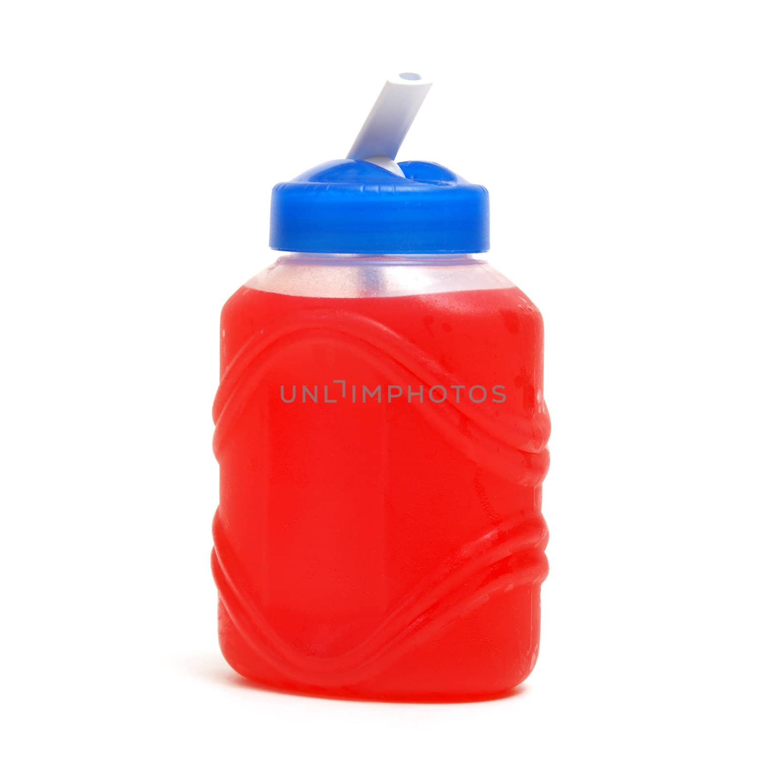 A red fruit drink in a reusable container to take with you to work or school.