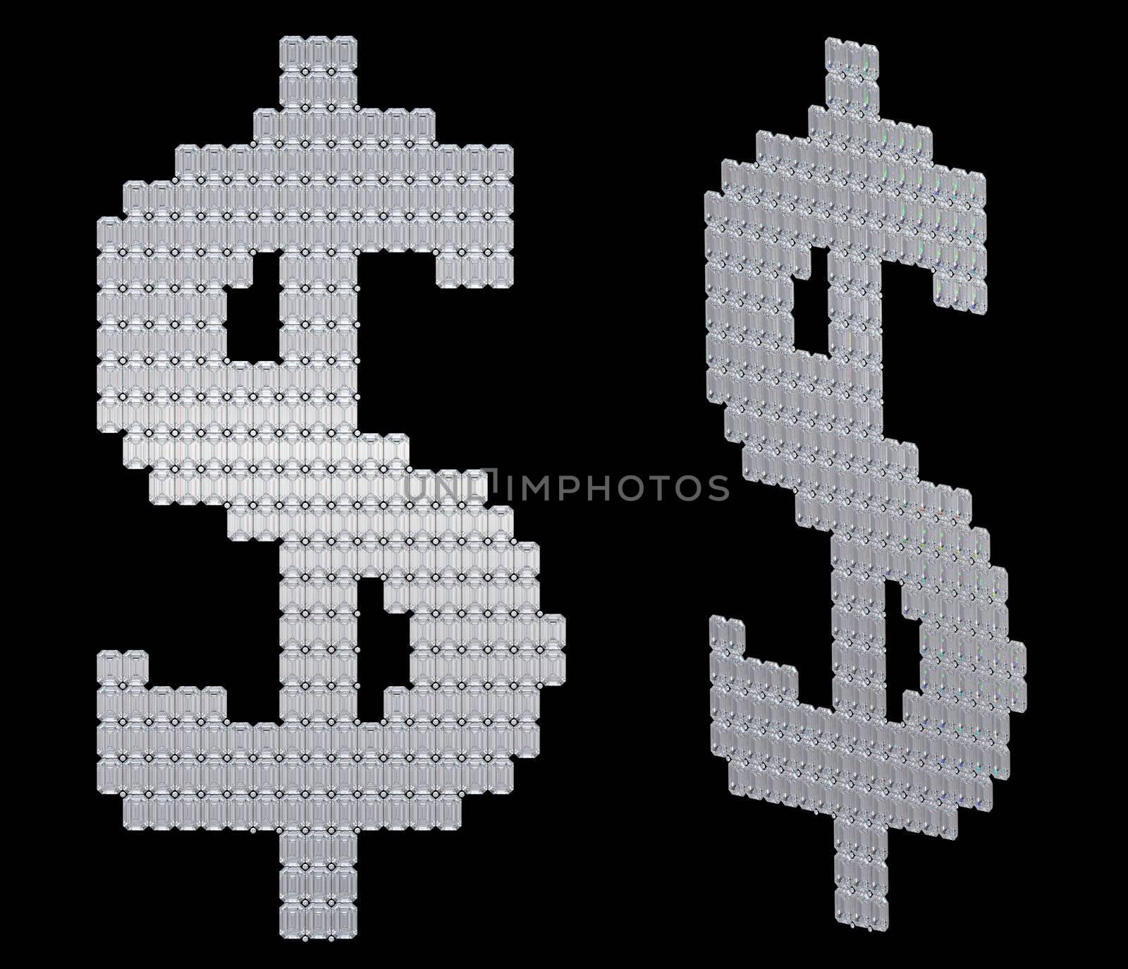 US dollar symbol assembled of diamonds. Over black. Extralarge resolution. Other gems are in my portfolio