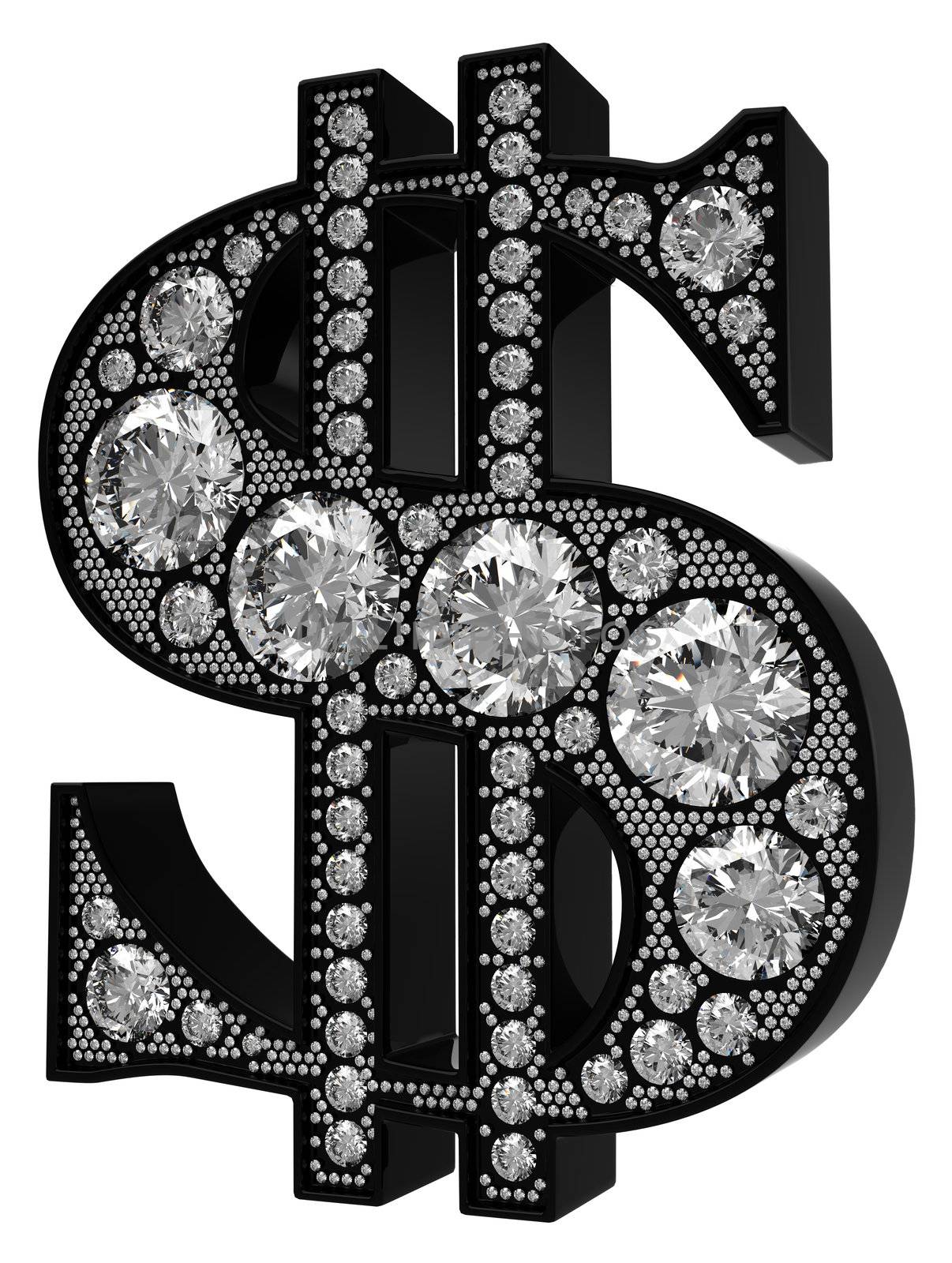 3D Dollar symbol incrusted with diamonds isolated over white. Extralarge resolution. Other gems are in my portfolio.