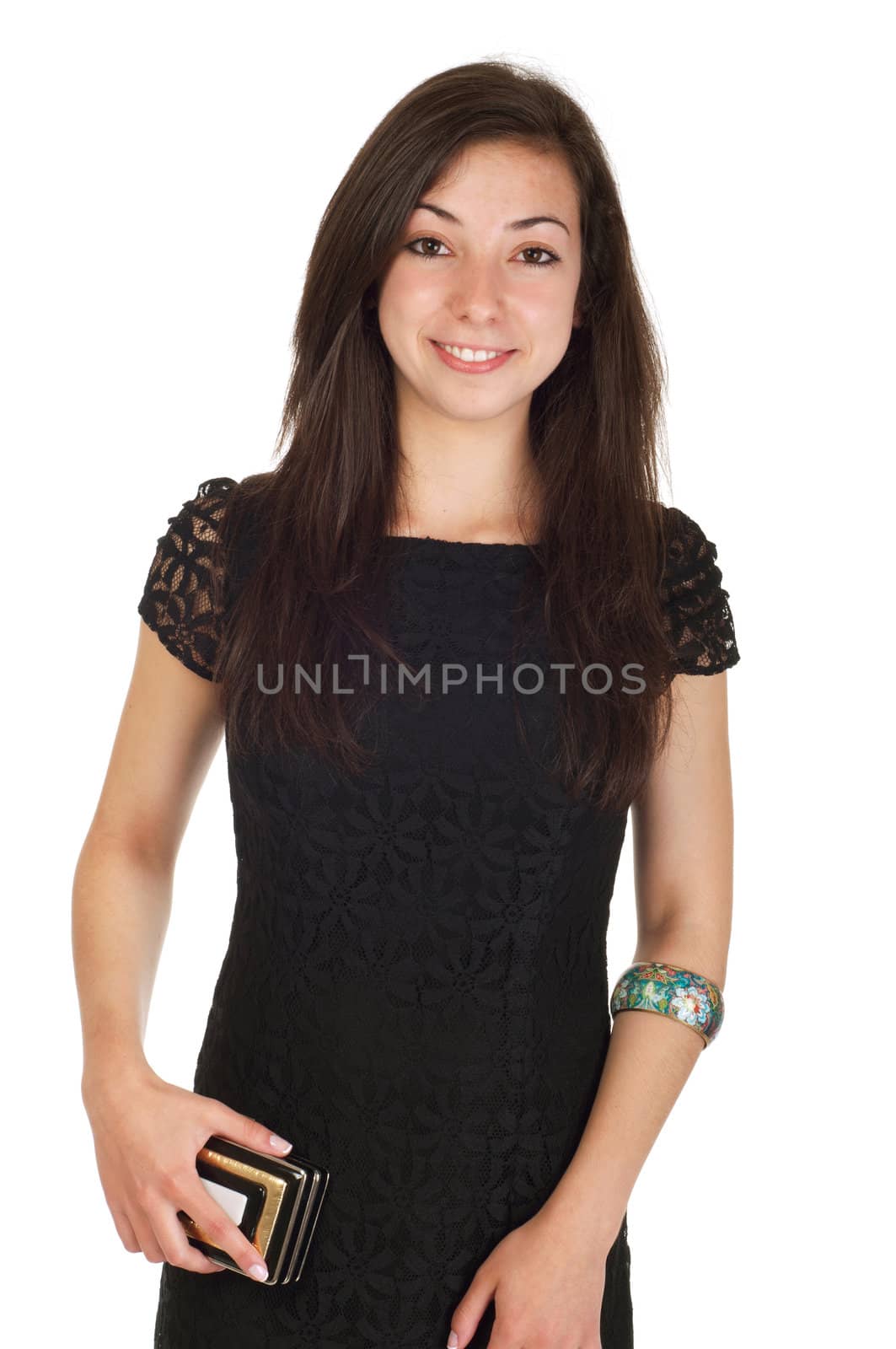 beautiful 18 years old young woman in black dress and purse ready for night out (isolated on white background)