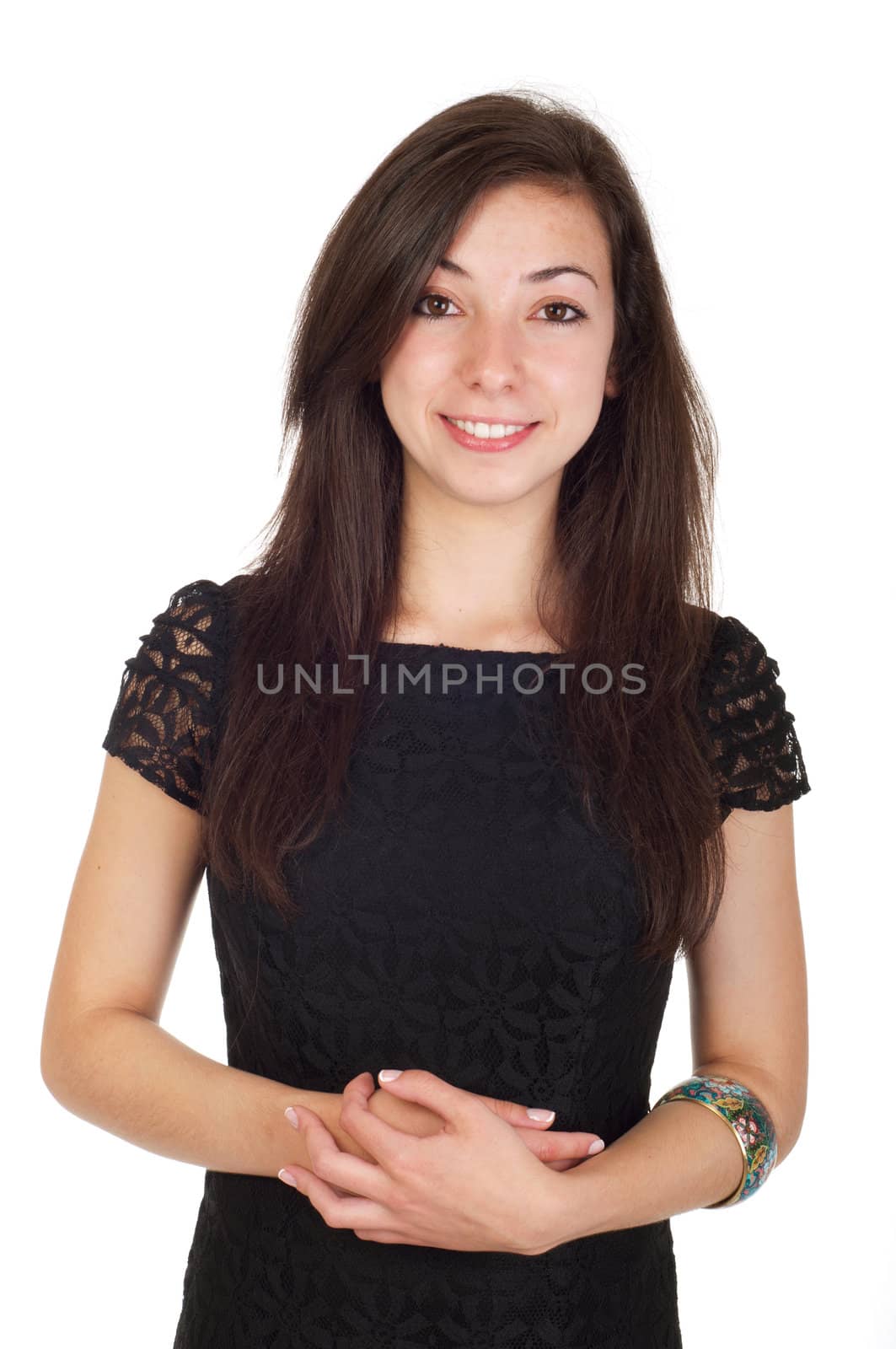 smiling 18 years old young woman in black dress ready for night out (isolated on white background)