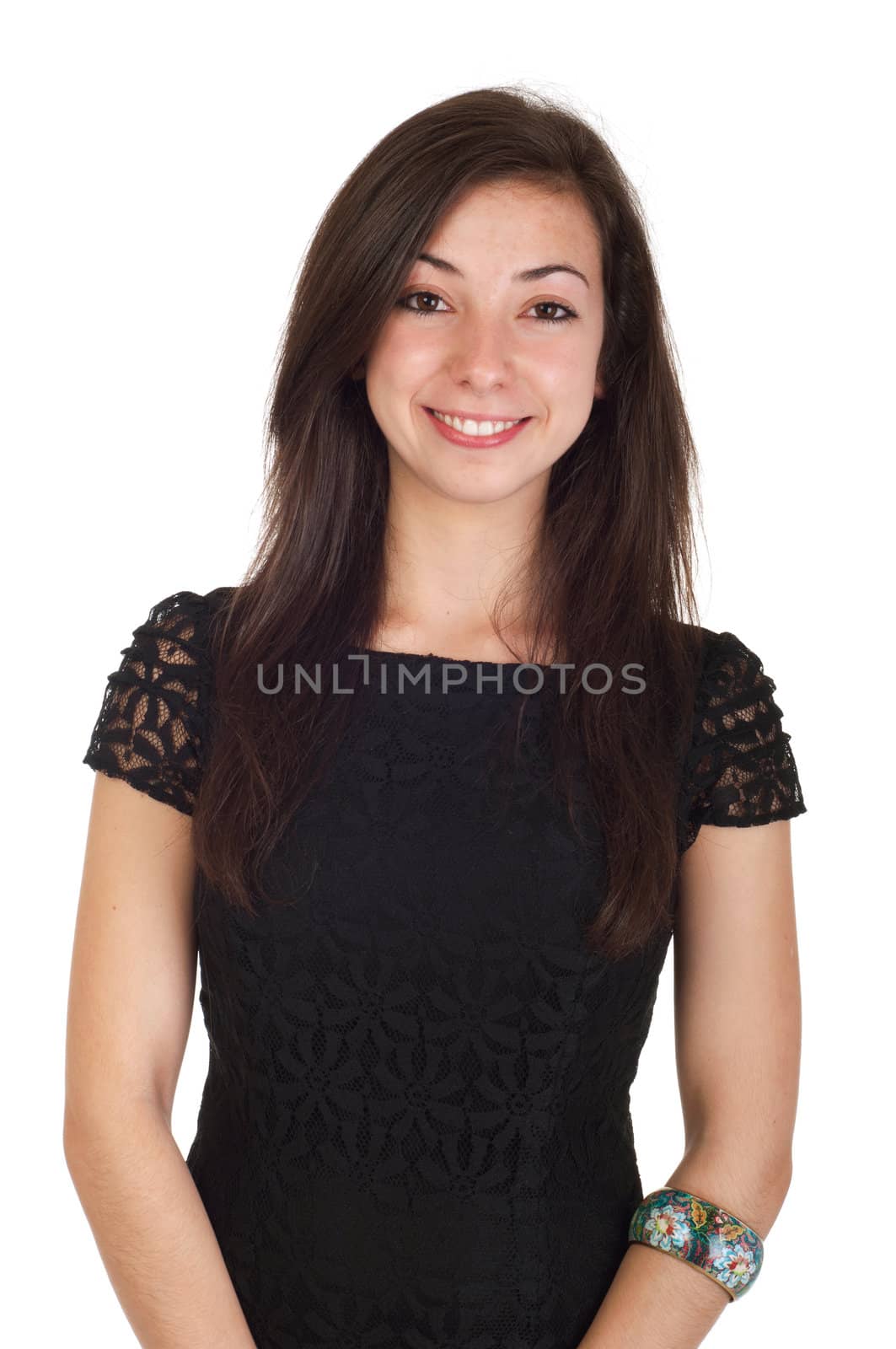 smiling 18 years old young woman in black dress ready for night out (isolated on white background)