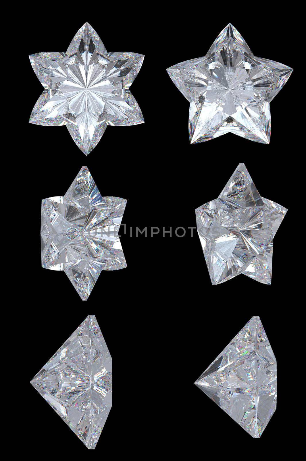 Five-pointed, six-point diamond stars. Top, bottom and side views. Over black. Extralarge resolution. Other gems are in my portfolio.