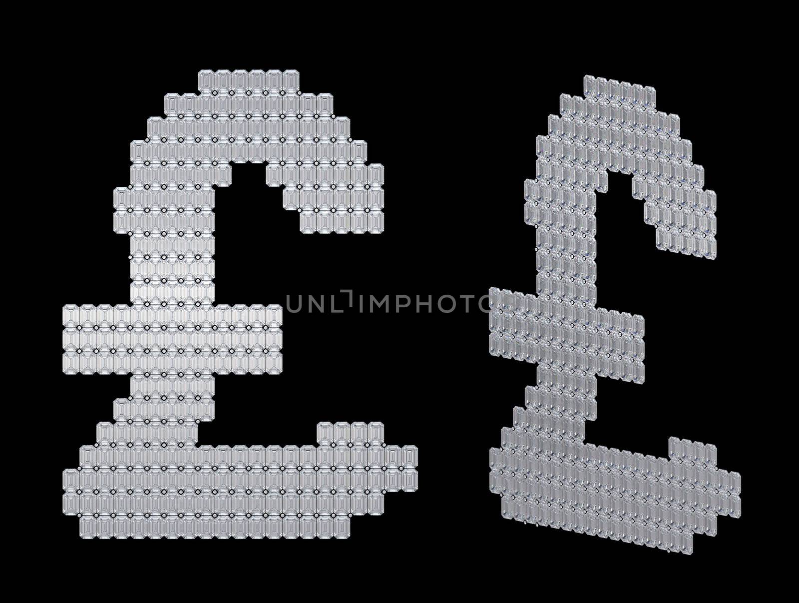 GB pound dollar symbol assembled of diamonds. Over black. Extralarge resolution. Other gems are in my portfolio