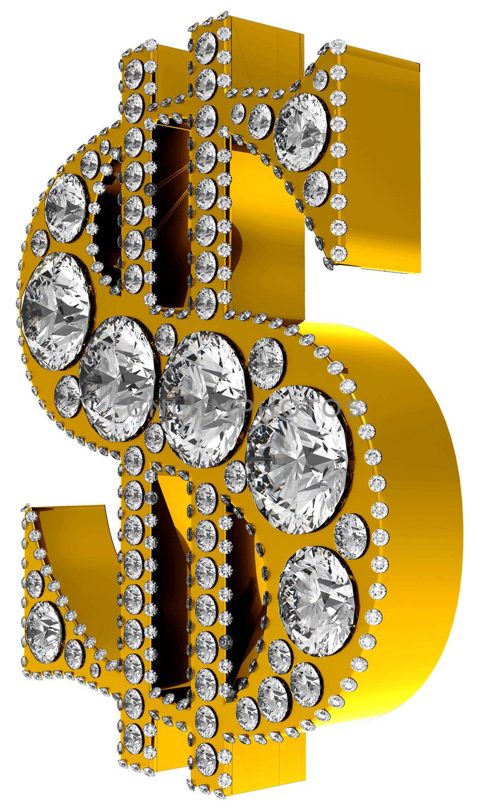 Golden 3D Dollar symbol incrusted with diamonds isolated over white. Extralarge resolution. Other gems are in my portfolio.