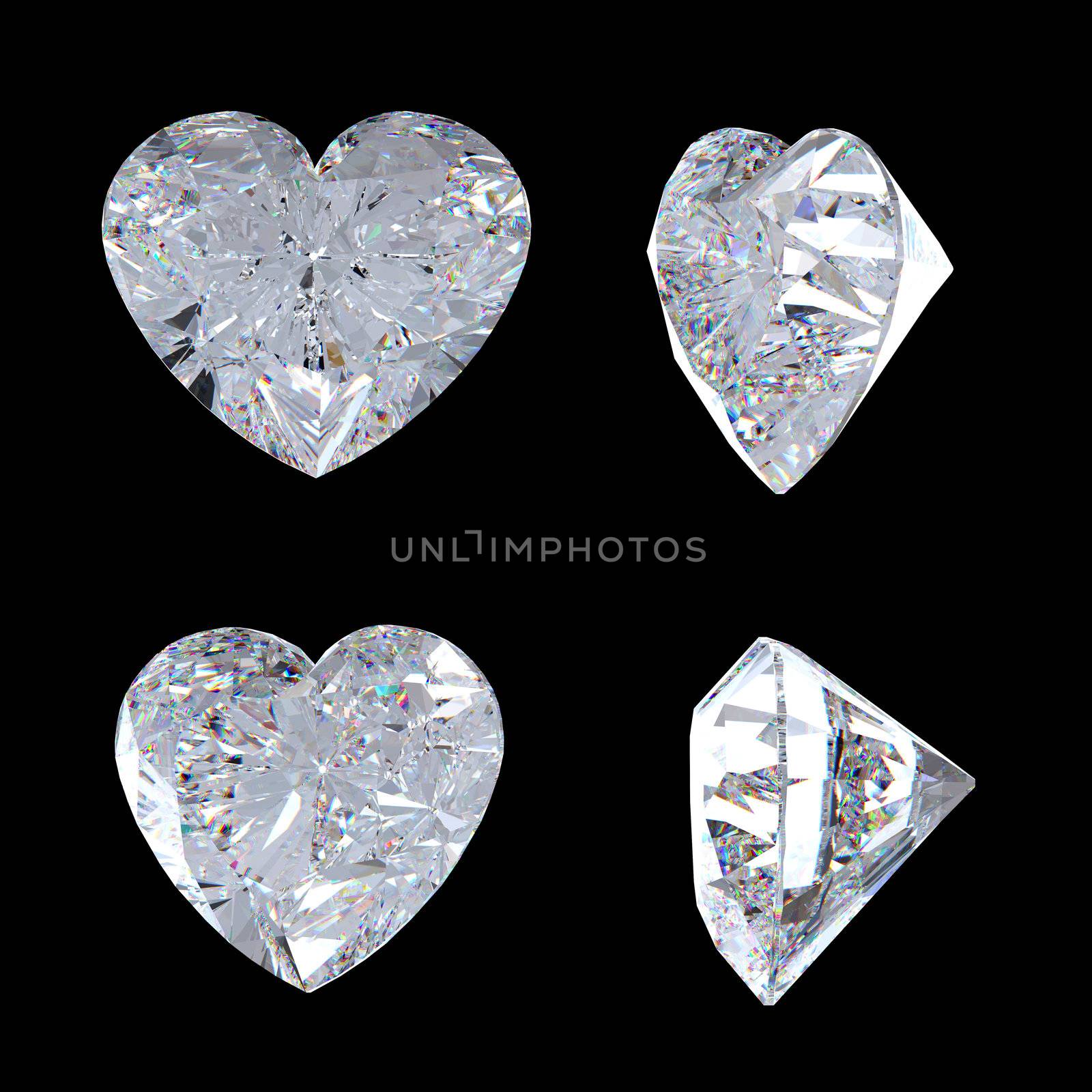 Top and side views of heart shaped diamond. Over black, Extralarge resolution. Other gems are in my portfolio.