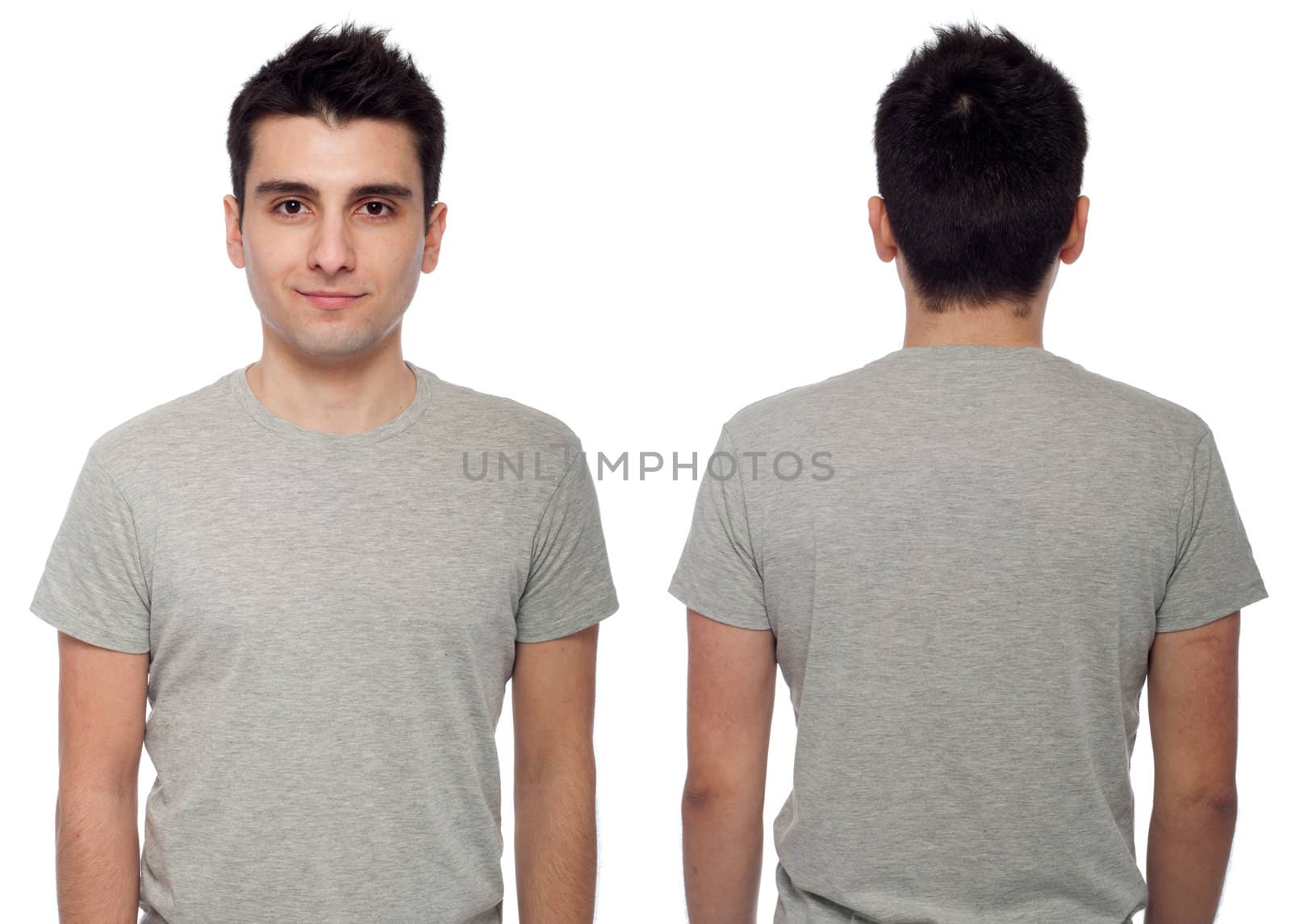 front and back of a young casual man wearing t-shirt isolated on white background 