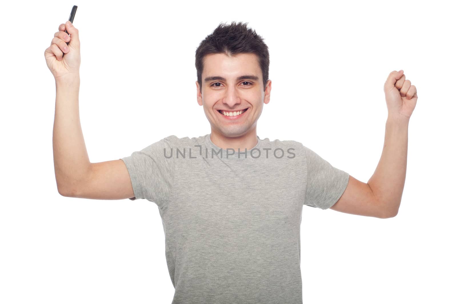 casual man phone success portrait isolated on white background 