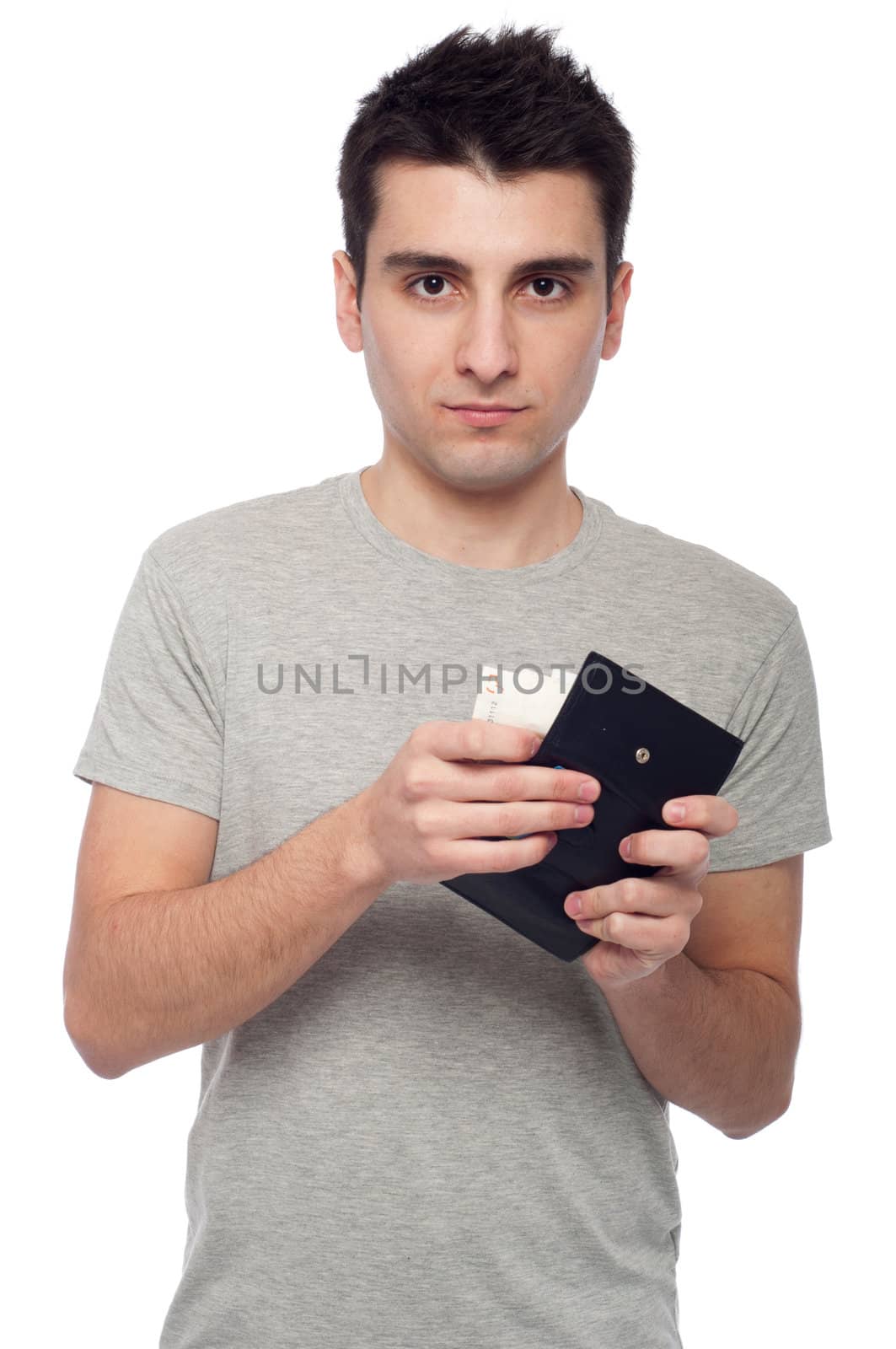 quiet young man showing his wallet with money (isolated on white background)
