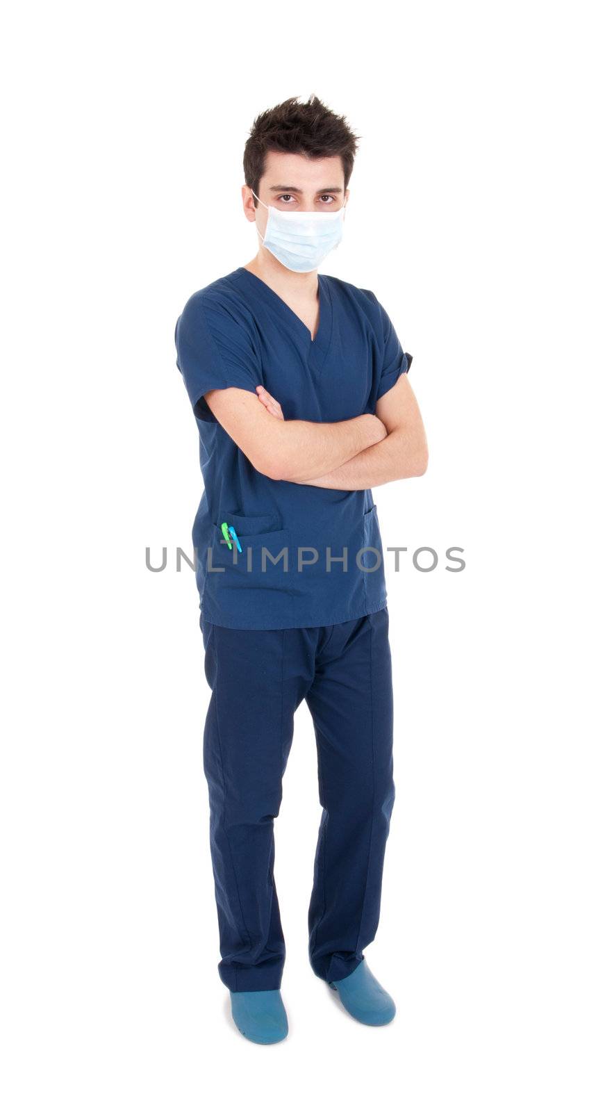 full length portrait of a handsome male doctor wearing mask (isolated on white background)