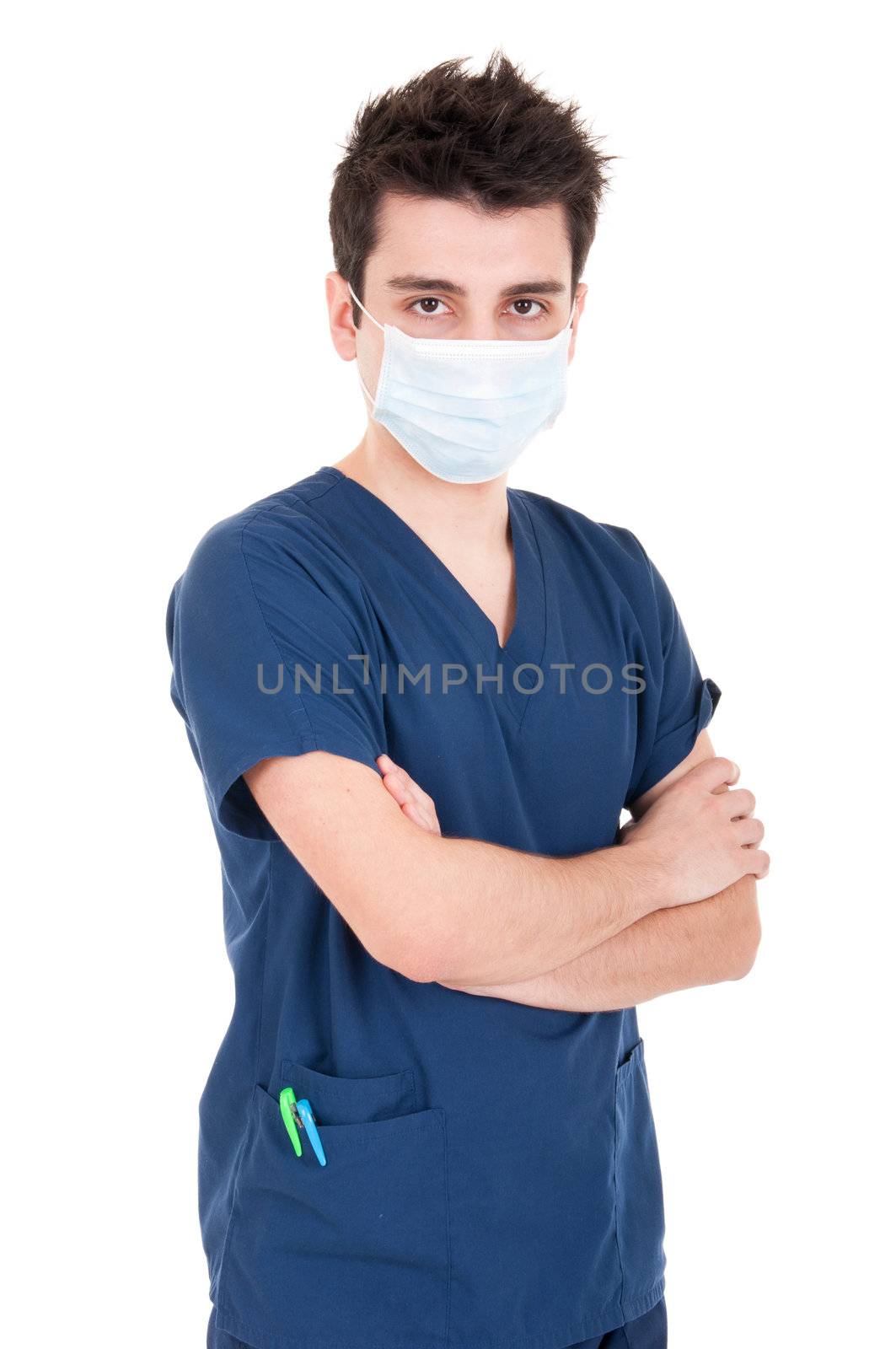 portrait of a young doctor wearing mask (folded arms) isolated on white background