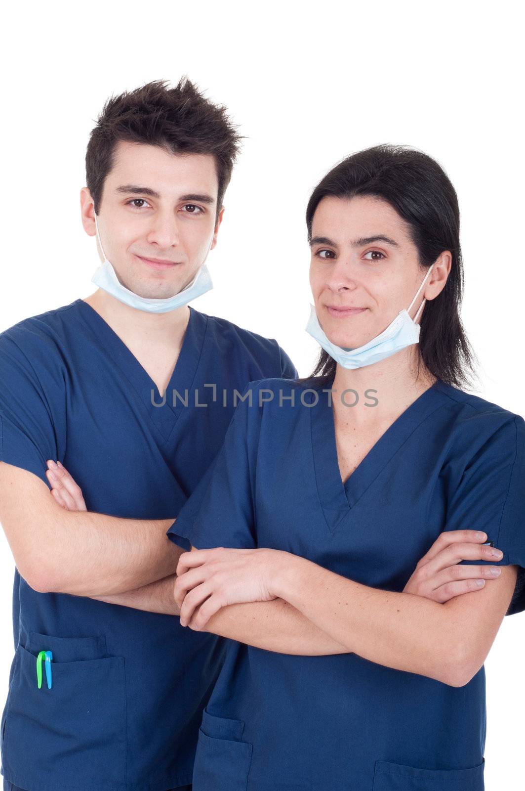 portrait of a team of doctors, man and woman wearing mask and uniform isolated on white background