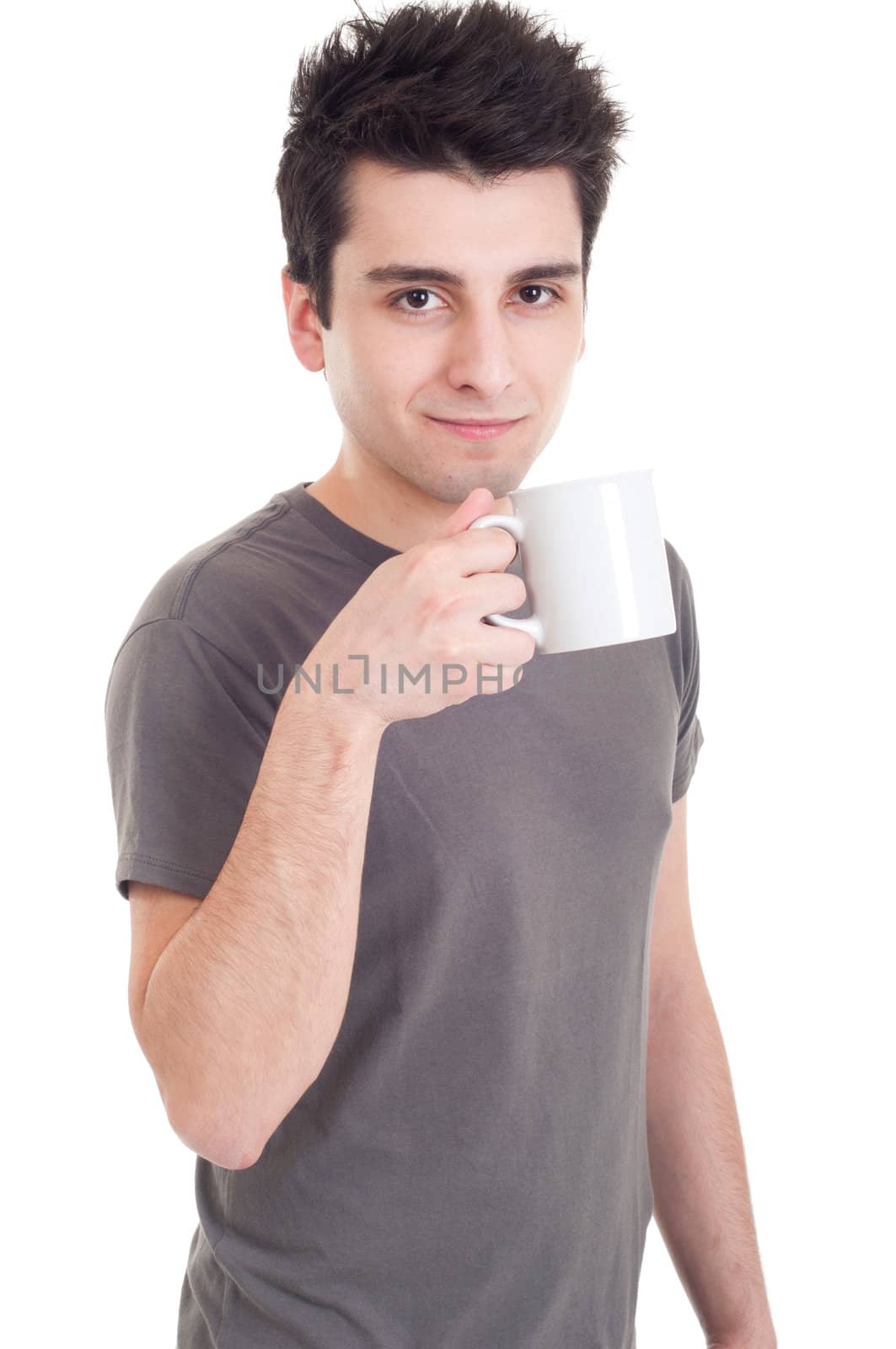 happy casual man holding coffee/tea mug (isolated on white background)