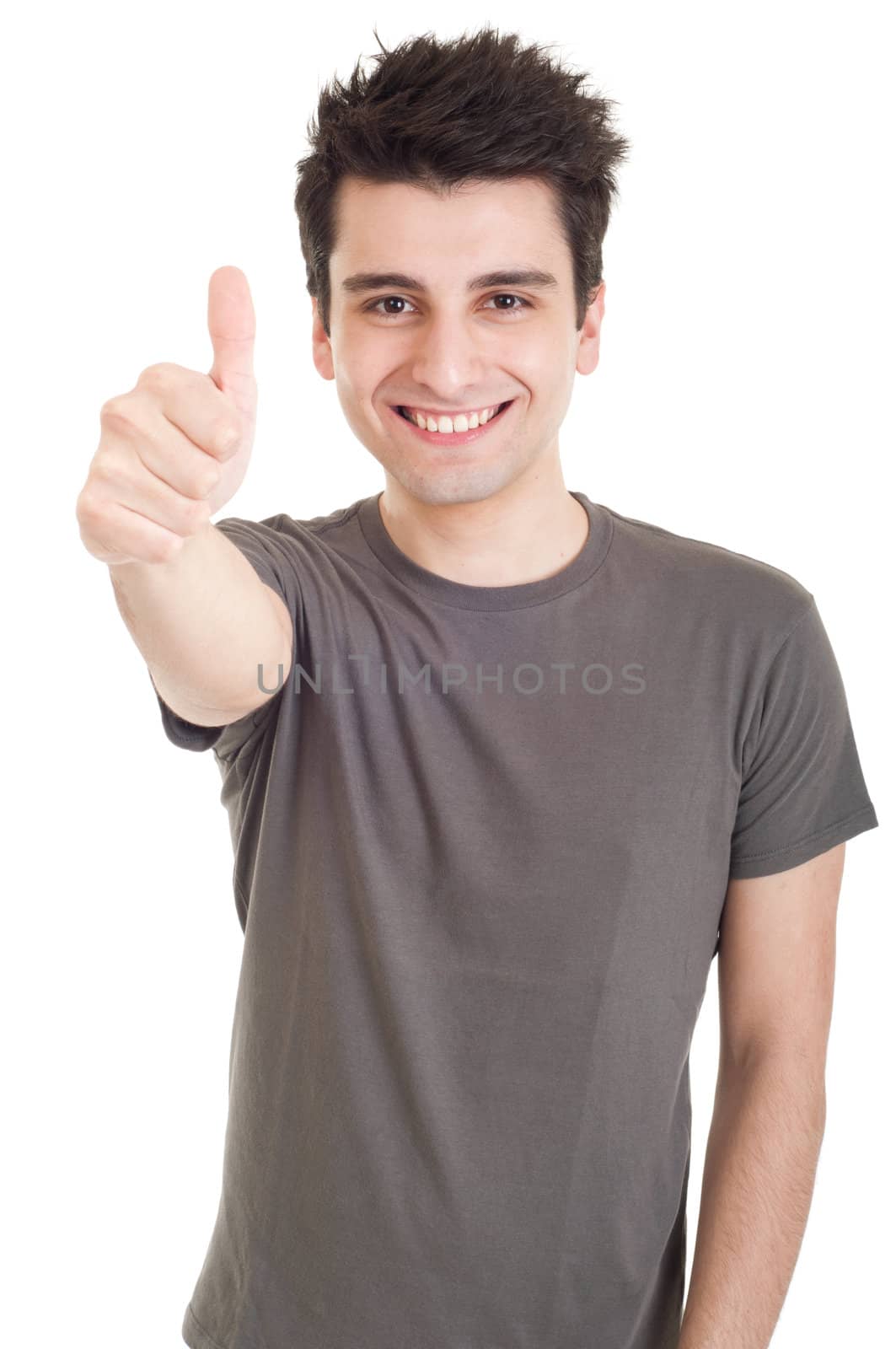 smiling young man with thumbs up on an isolated white background