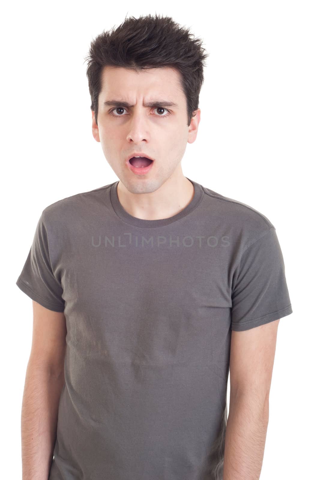 confused young casual man with what expression (isolated on white background)