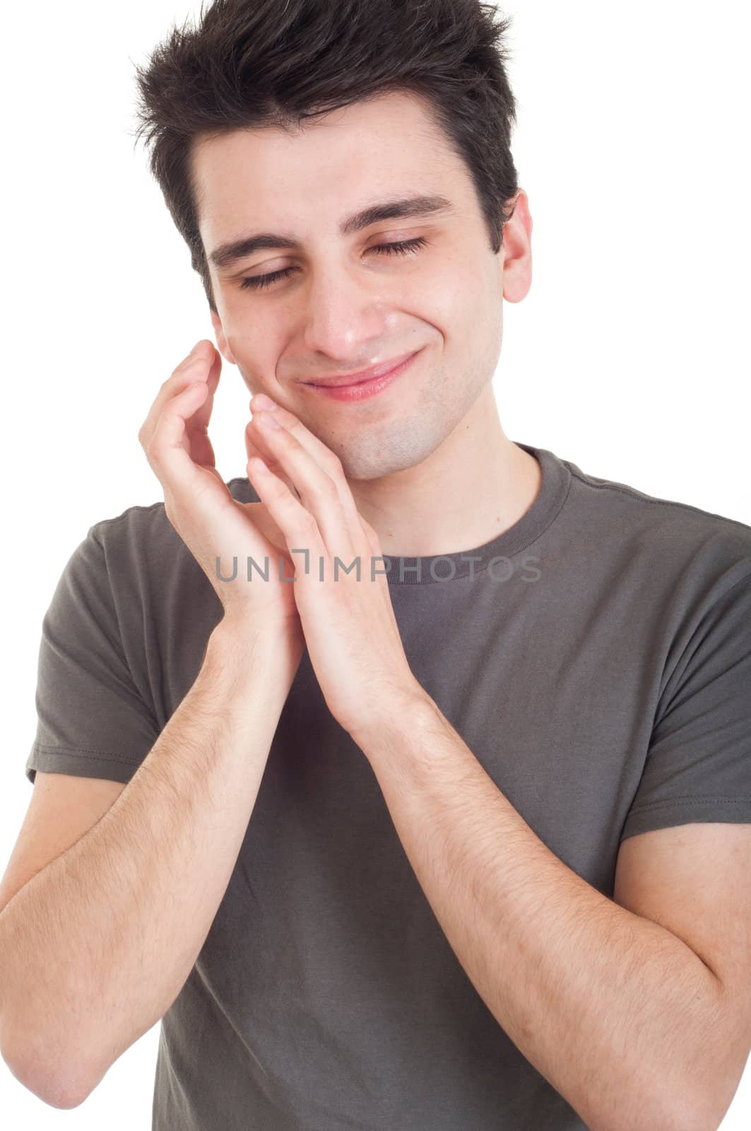 sad depressed young man crying, conceptual picture regarding emotional, financial or violence problems (isolated on white)