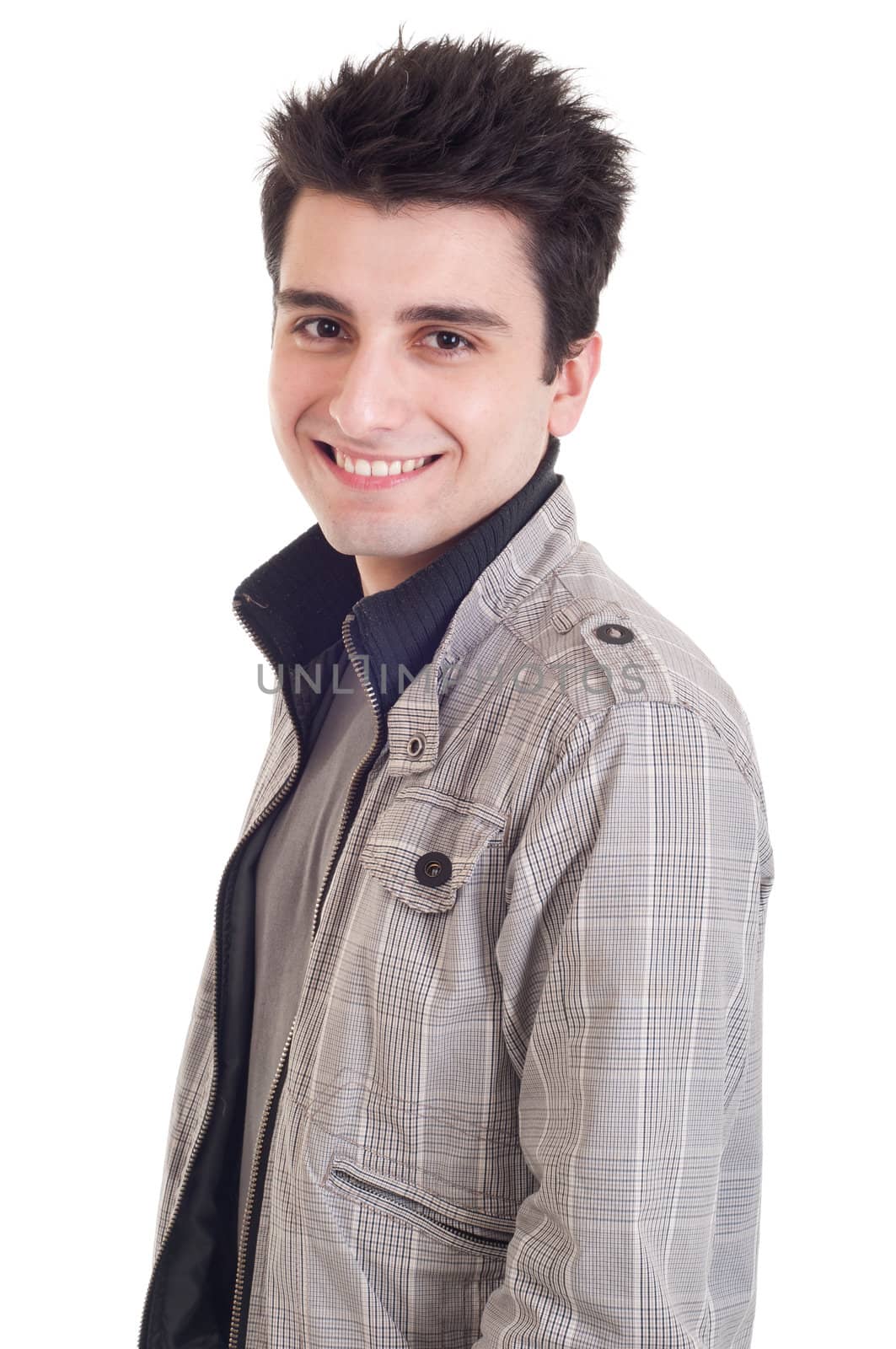 fashion portrait of a young handsome man with jacket (isolated on white background)