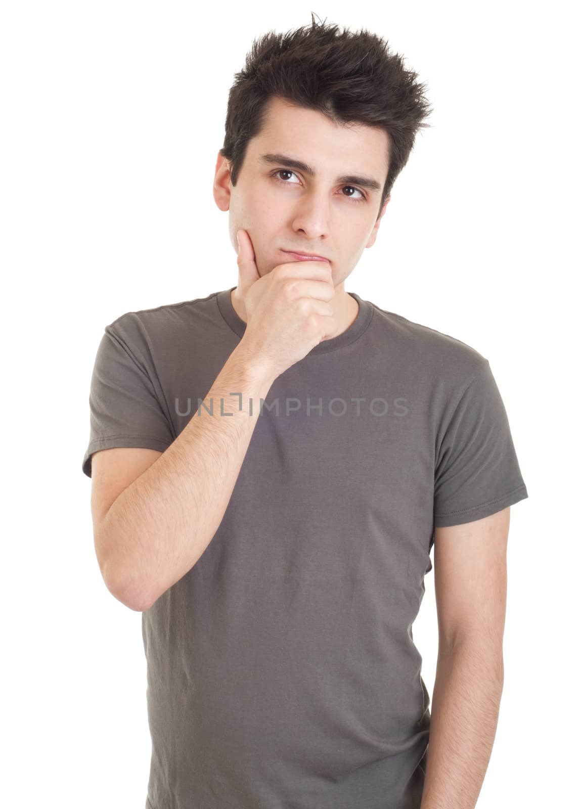 young casual man with a pensive expression isolated on white background