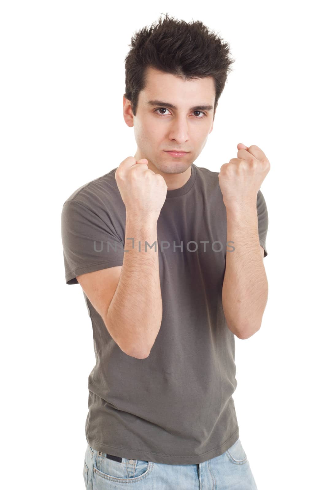 handsome casual man with fight expression isolated on white background