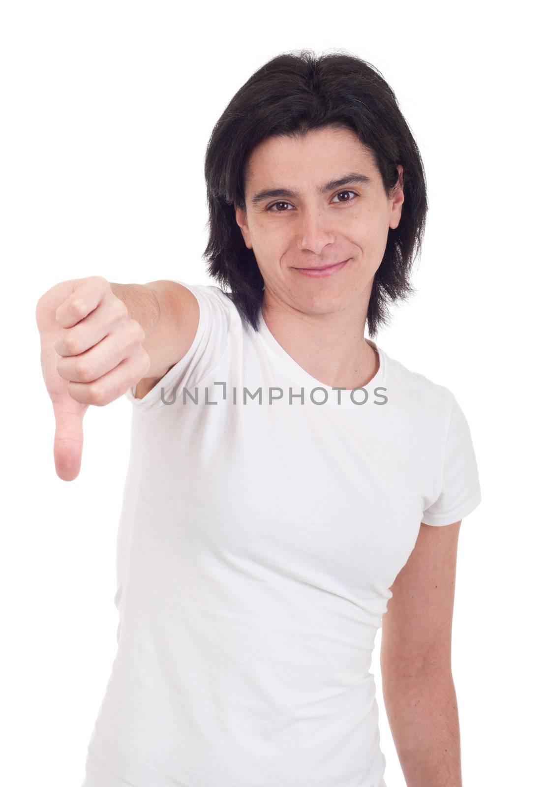 beautiful casual woman with thumbs down on an isolated white background