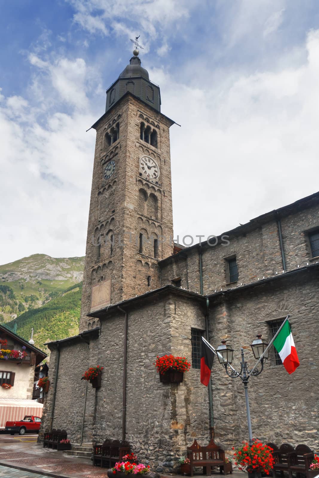 detail of the ancient church in Morgex, Aosta Valley, Italy