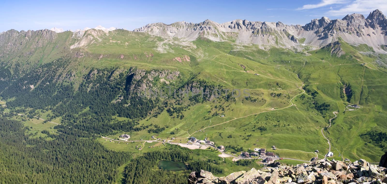 Aerial view of San Pellegrino pass, Trentino, Italian Dolomites