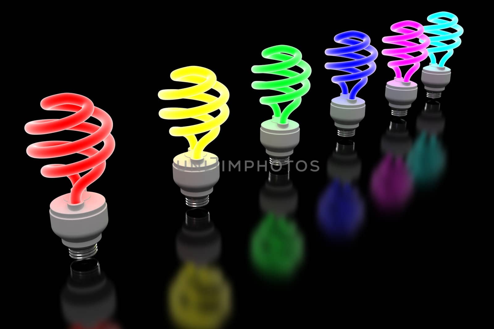 Group of color glowing energy saving lightbulb in a row. by aleksan