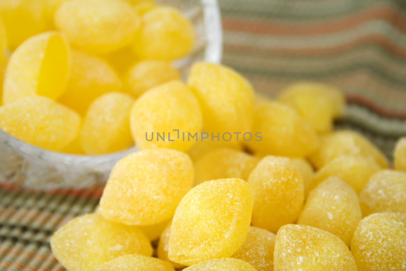 Close up with selective focus of old fashion lemon drops.