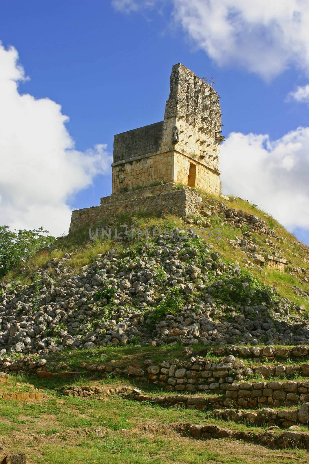 Ruins of maya in mexican Labna over blue sky