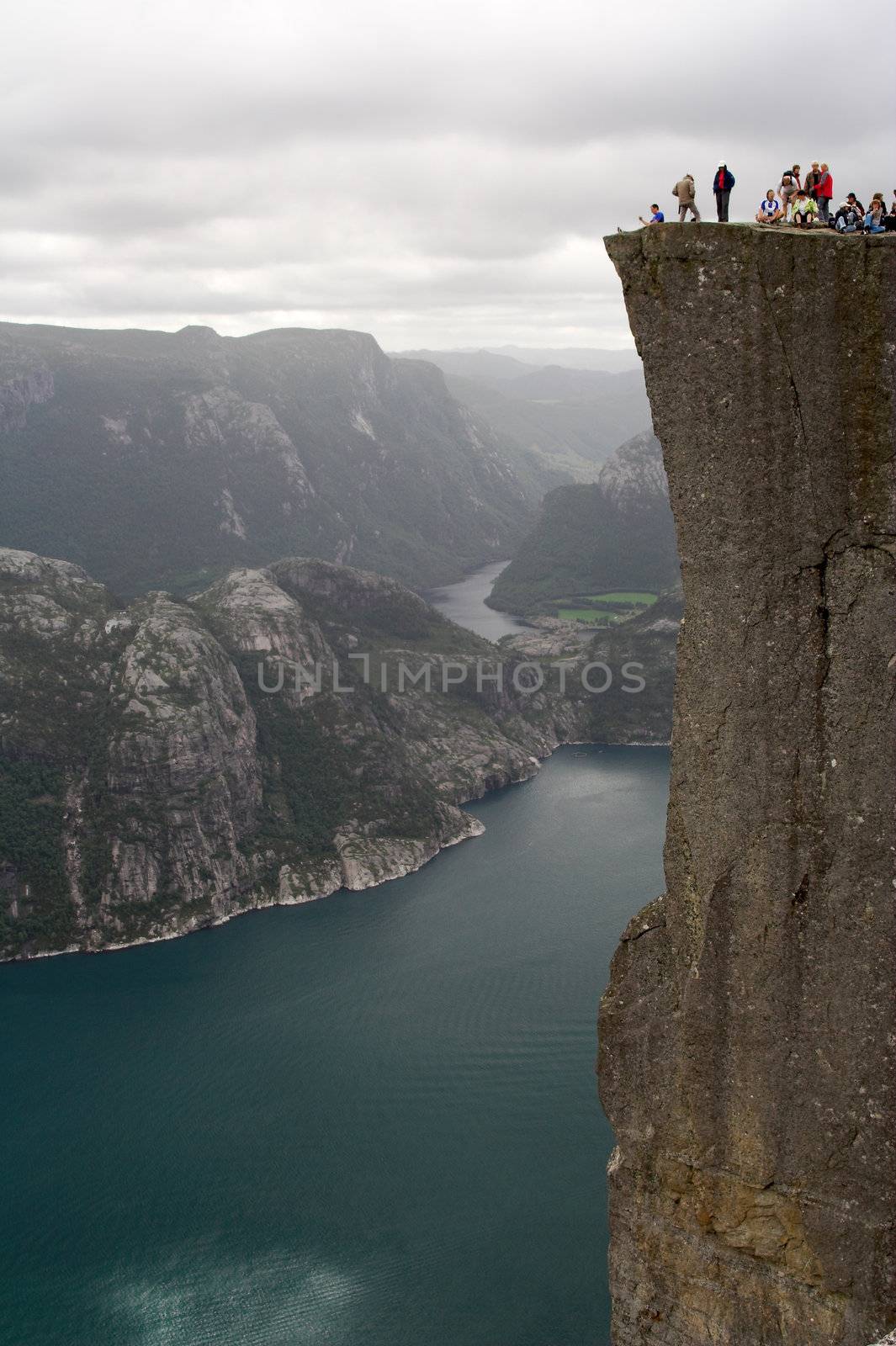 View at Lyse fjord and Preikestolen cliff in Norway. 600 meters above the sea level.