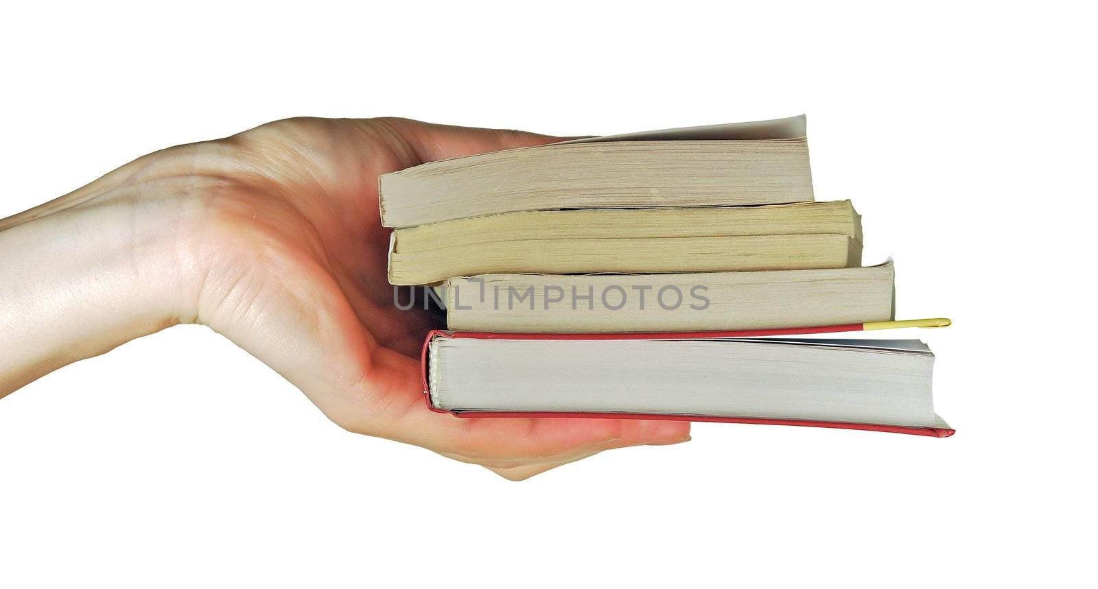 a womanish hand holds different books on a white background