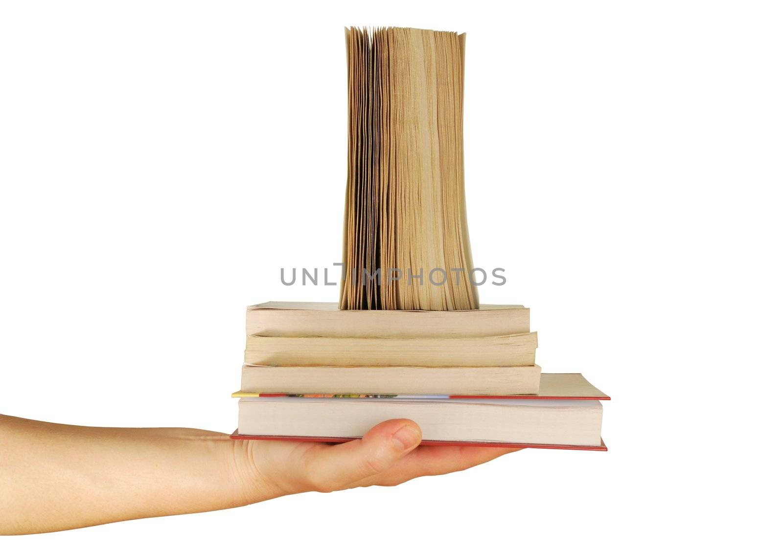 a womanish hand holds different books on a white background