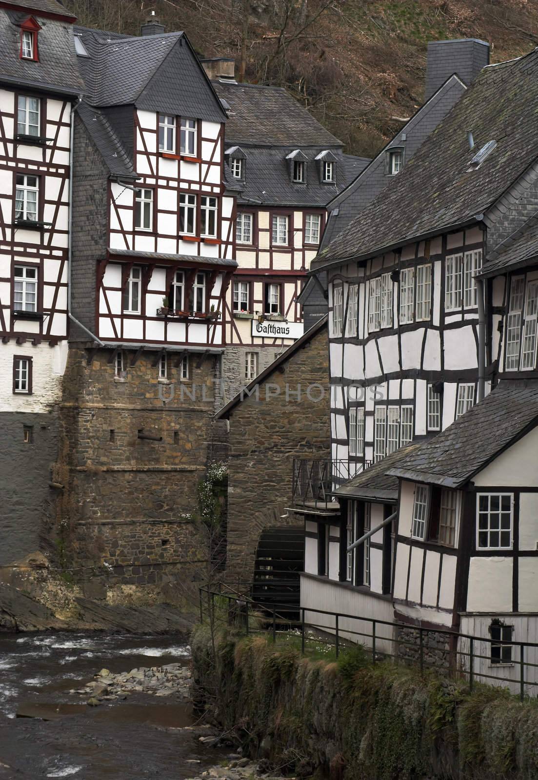 Remark for inspector: "Galthaus" is a generic word in German like "Hotel" (it is a kind of a hotel), it's not a brand name or a title.

Historic center of Monschau village (Germany) at the Rur river.