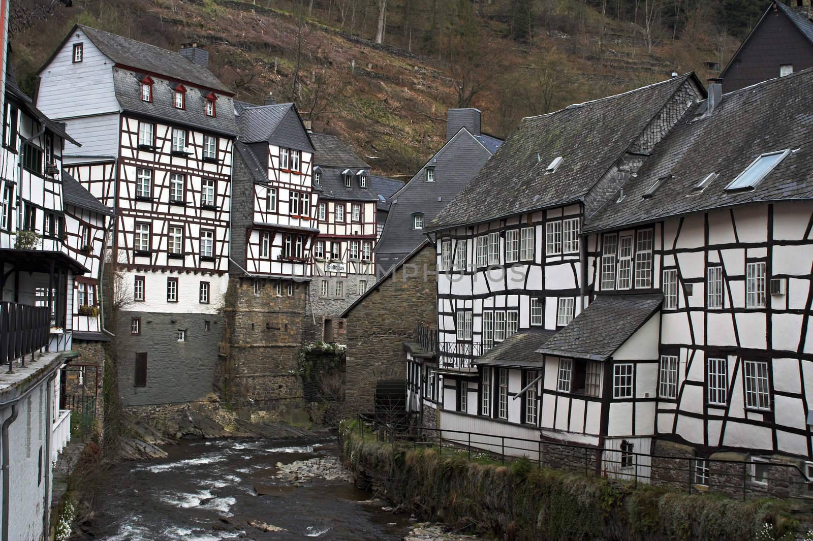 Remark for inspector: _Galthaus_ is a generic word in German like _Hotel_ (it is a kind of a hotel), it's not a brand name or a title.

Historic center of Monschau village (Germany) at the Rur river.