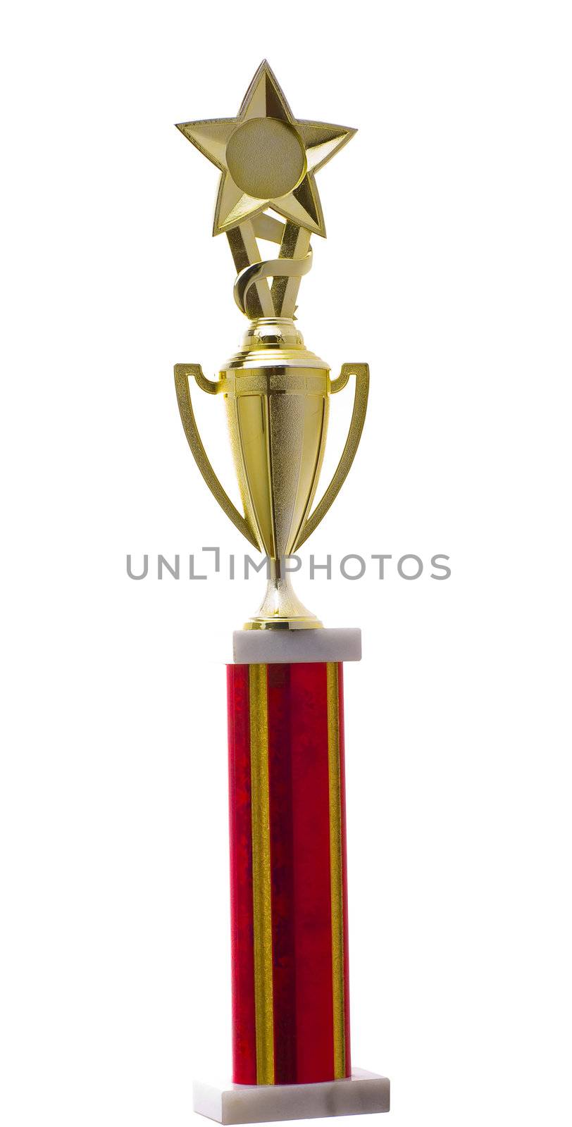 A trophy with star on top and red and gold base