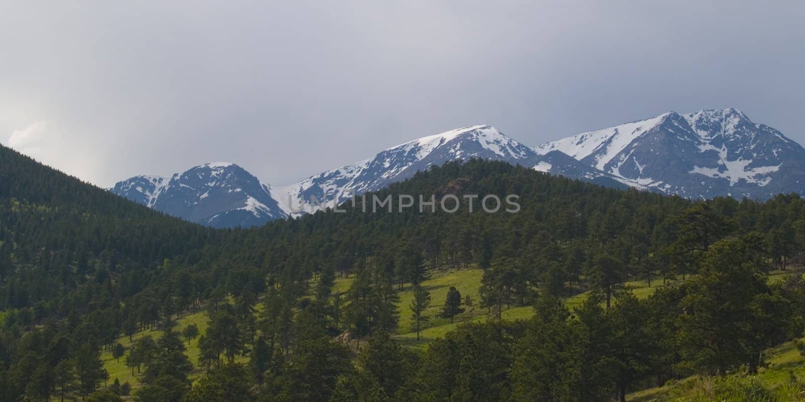 Three mountains in a spring rain storm in Rocky Mountain National Park