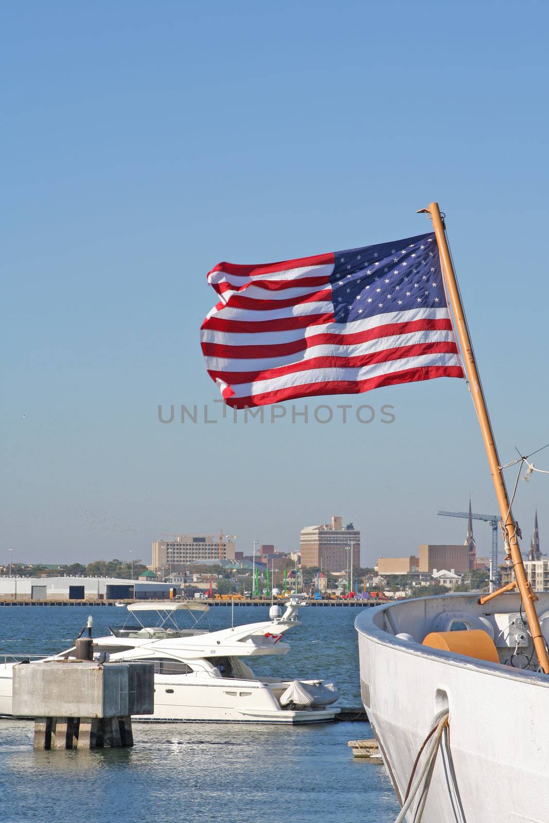 US flag on the yacht background