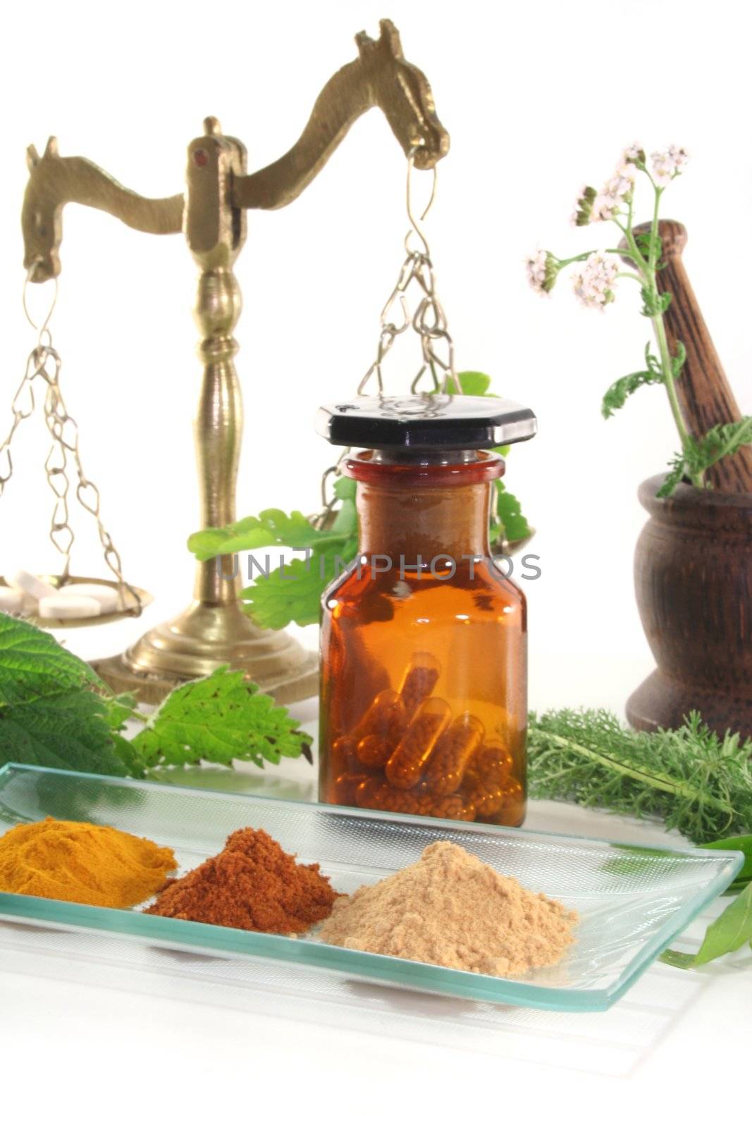 Pharmacists scale with mortars, Apothecary bottle and fresh herbs