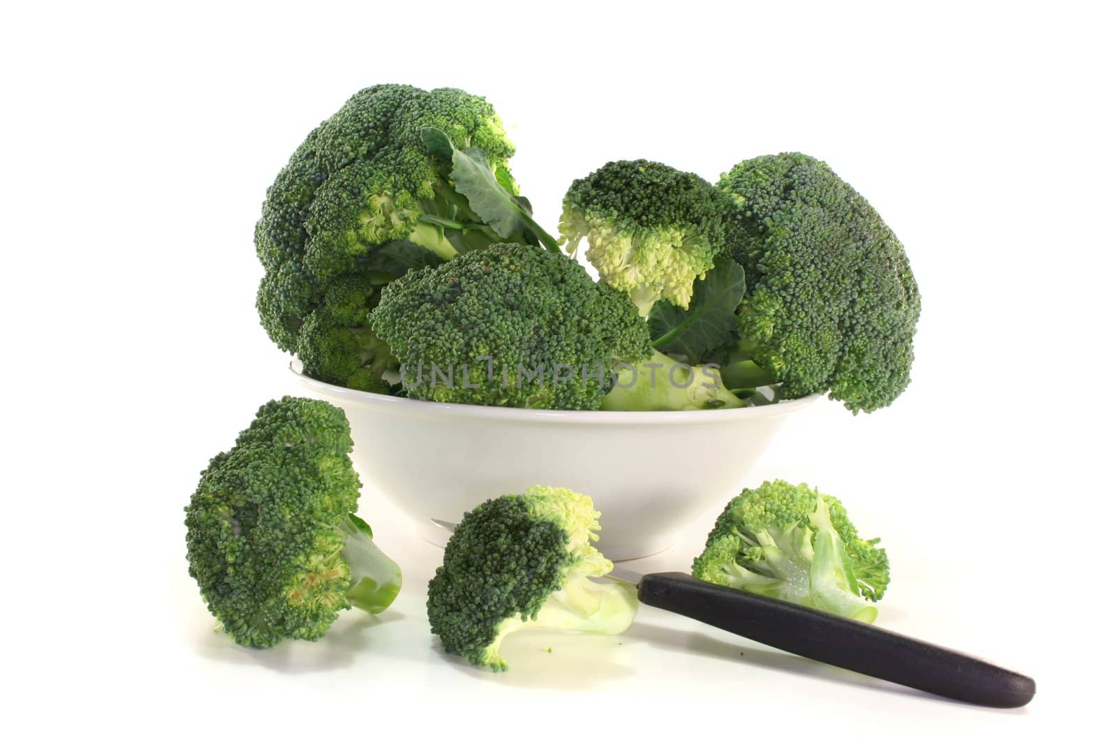 white bowl with broccoli on a white background