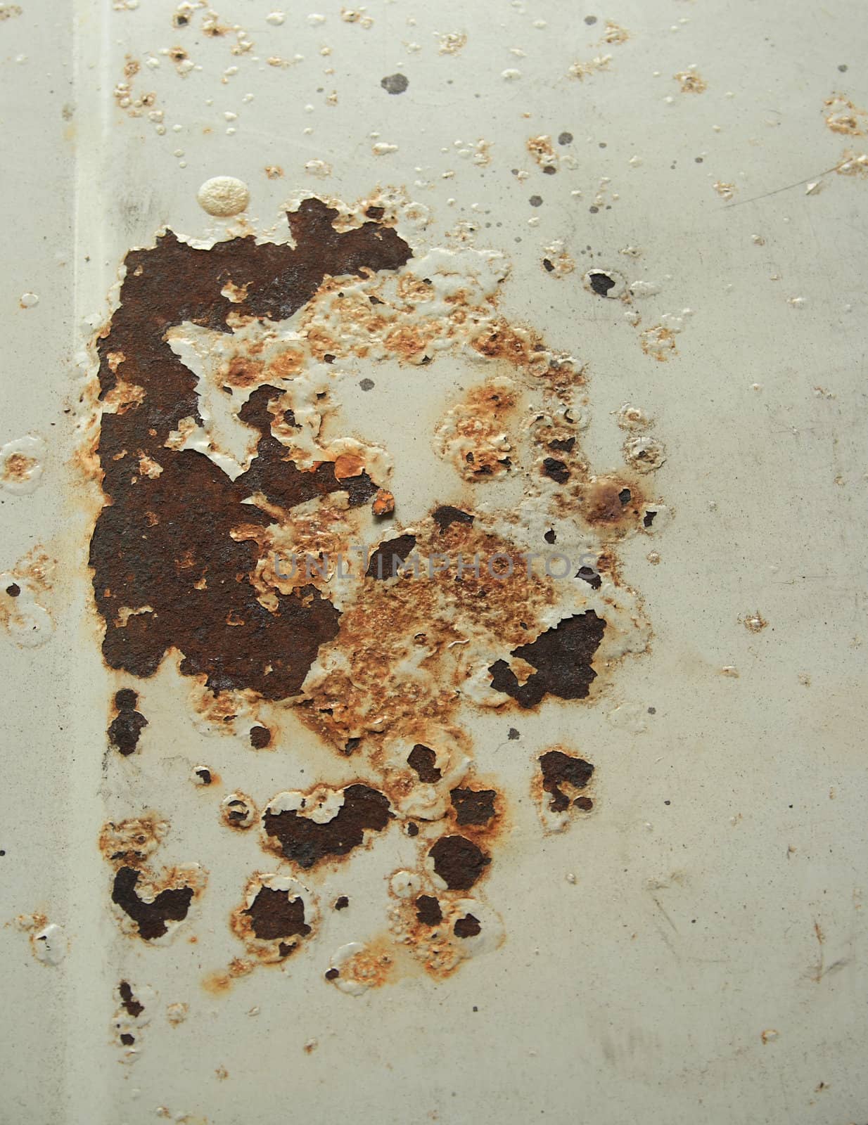 Rusted and corroded surface with white paint background