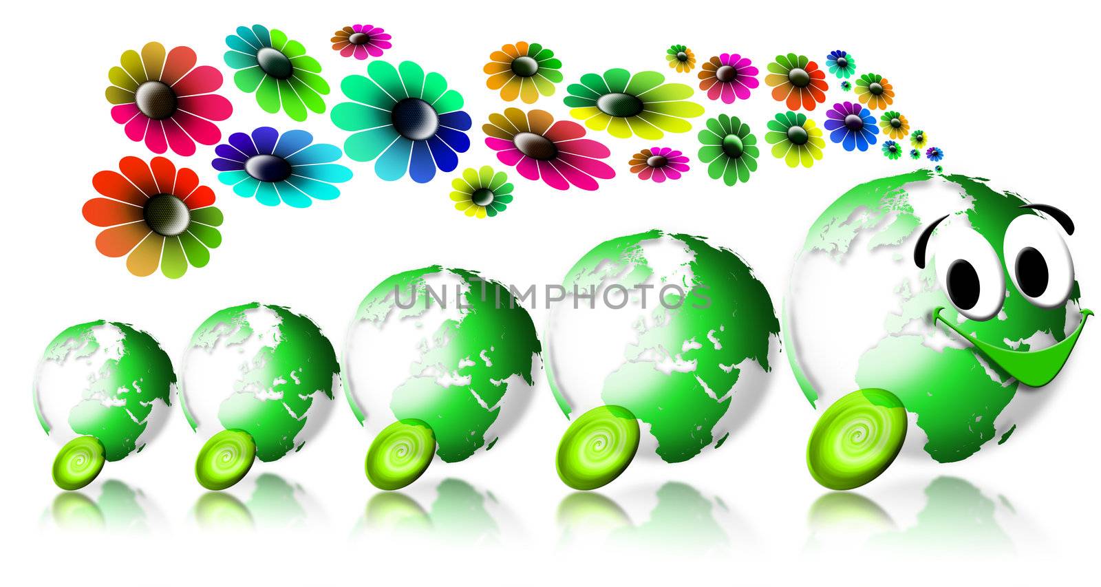 Locomotive smiling with 4 green globes and flowers coming out the chimney