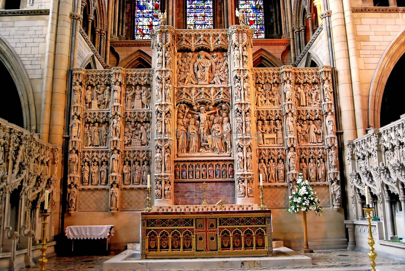 Cathedral Altar with Beautiful Carvings and Stained Glass