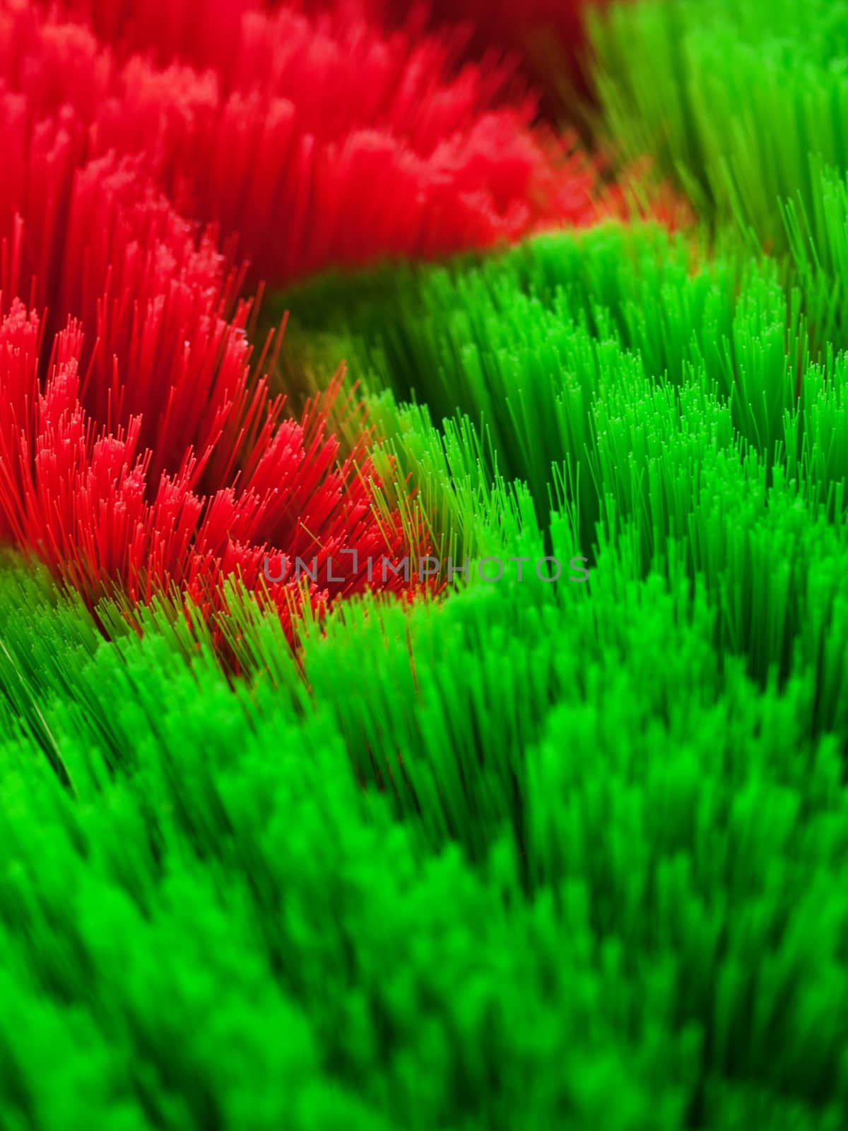 Macro of red and green cleaning brushes