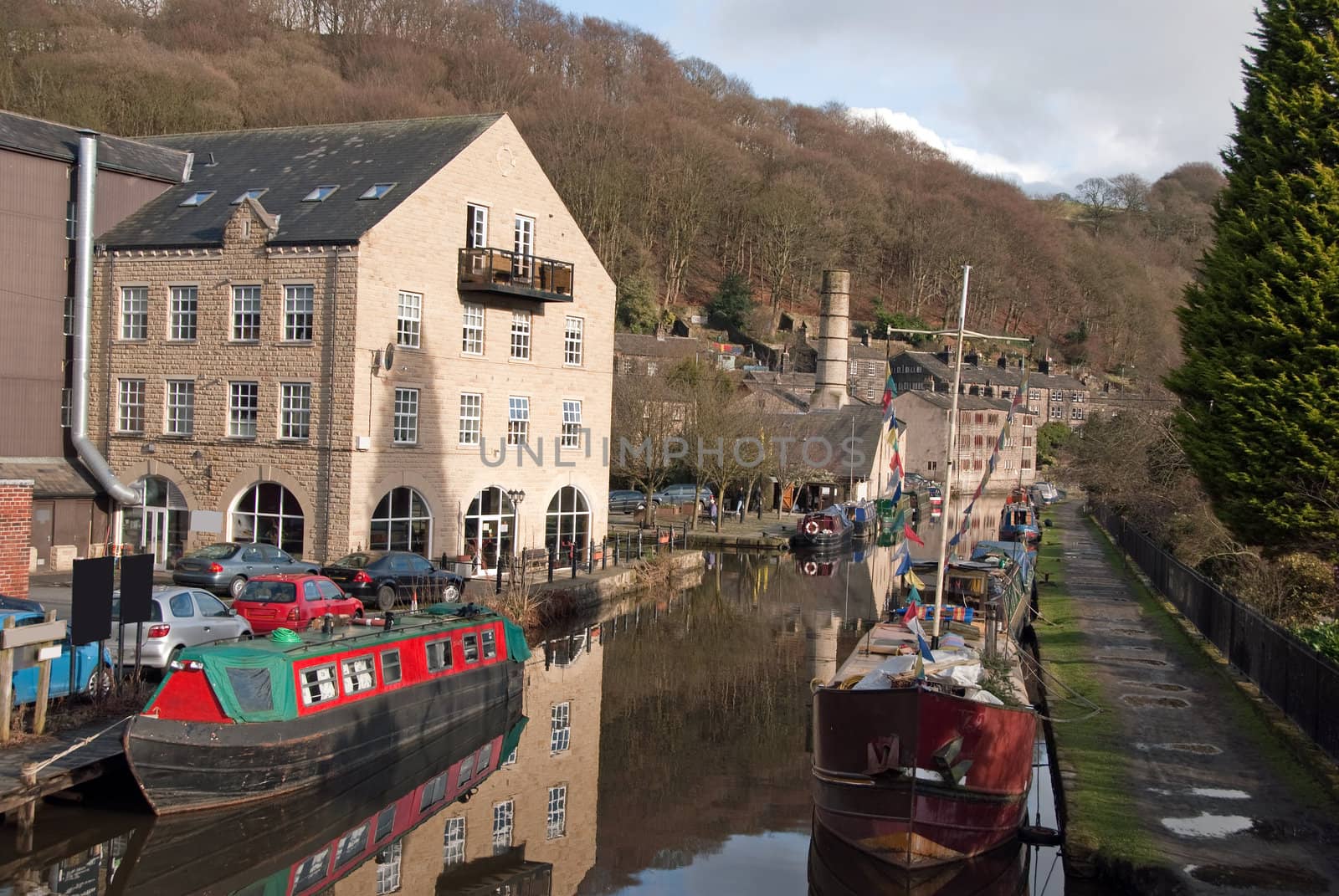 Barges and Old Mill Buildings on the Canal at Hebden Bridge Yorkshire